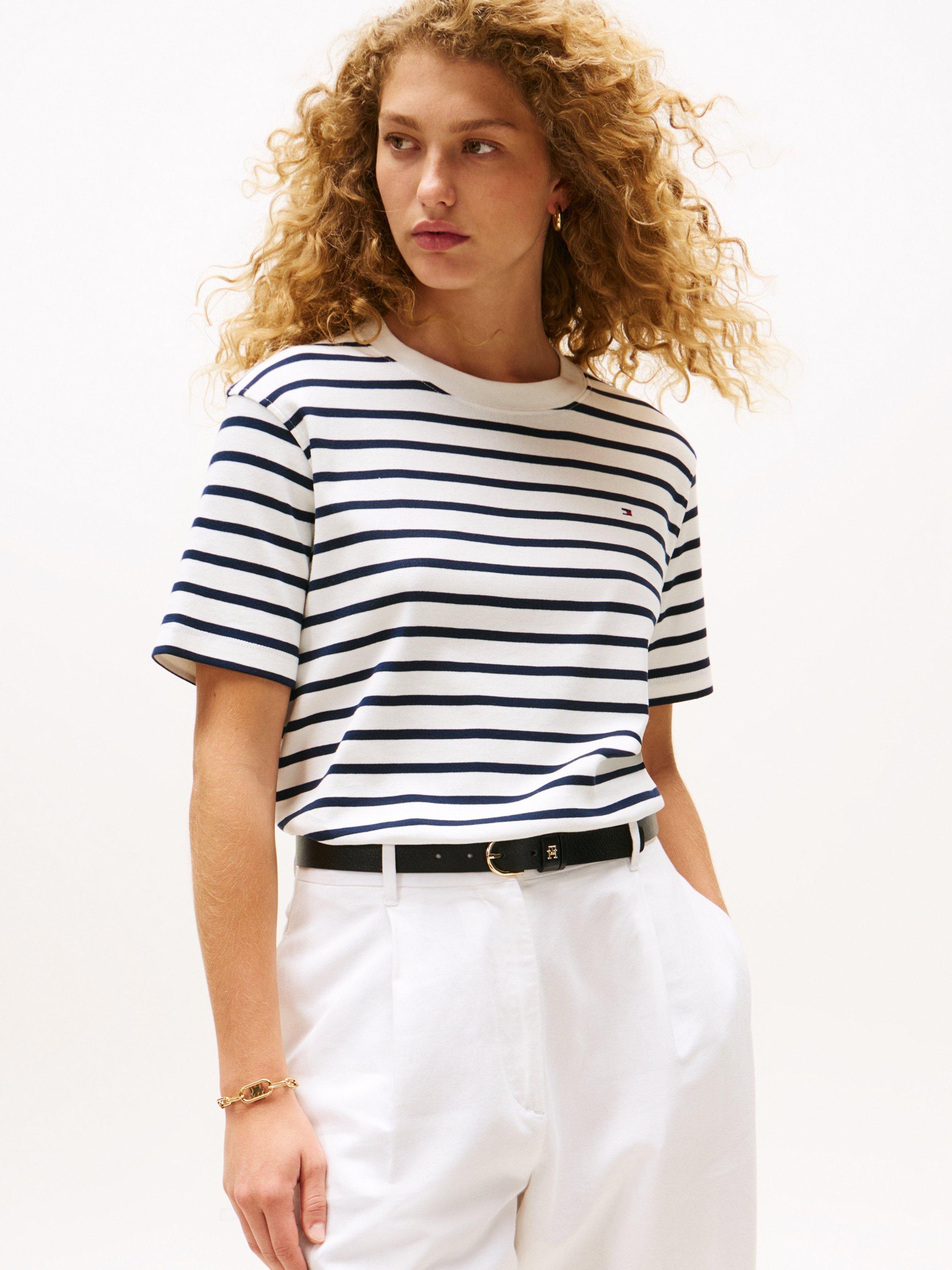 Product image 1 of 5, which shows Tommy Hilfiger Stripe Logo T-Shirt, Ecru/Navy, XS