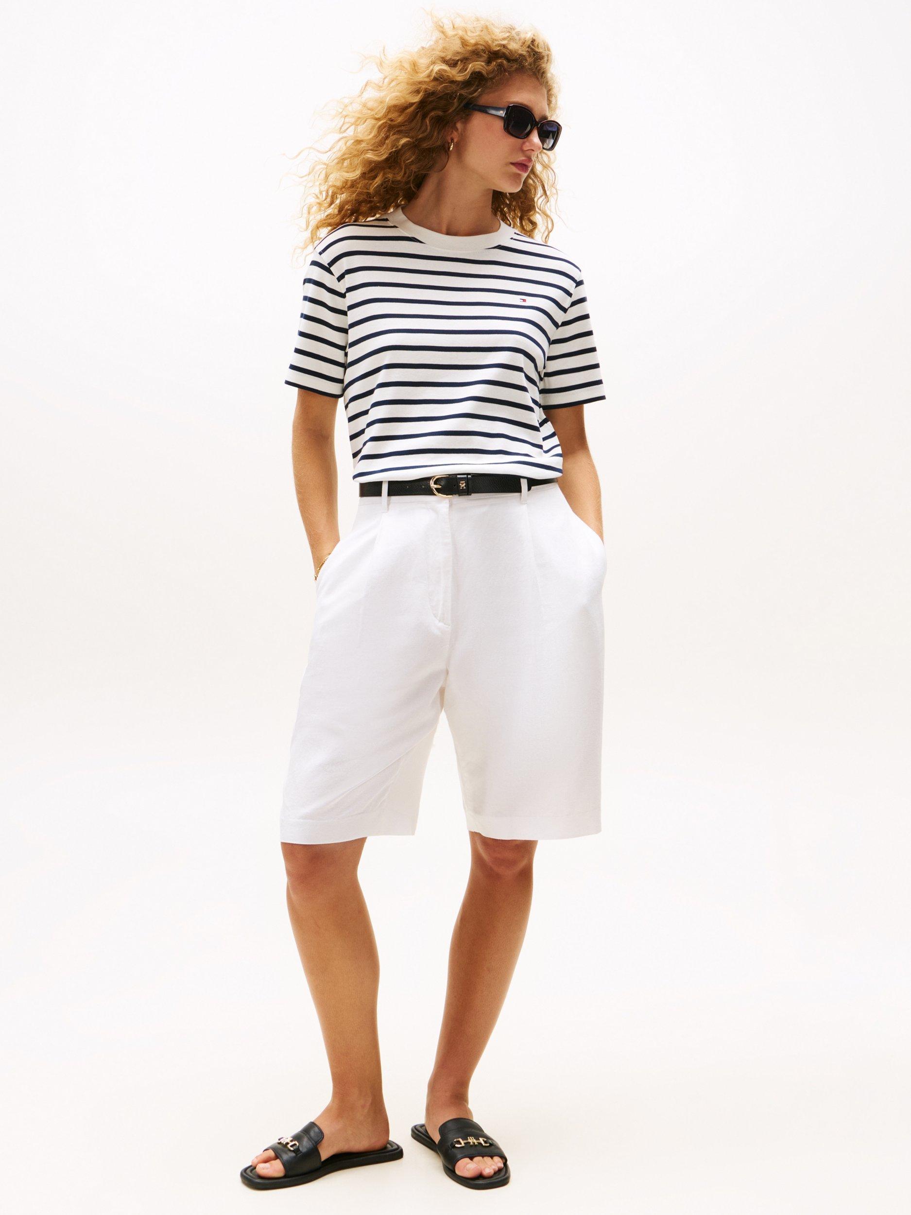 Product image 3 of 5, which shows Tommy Hilfiger Stripe Logo T-Shirt, Ecru/Navy, XS