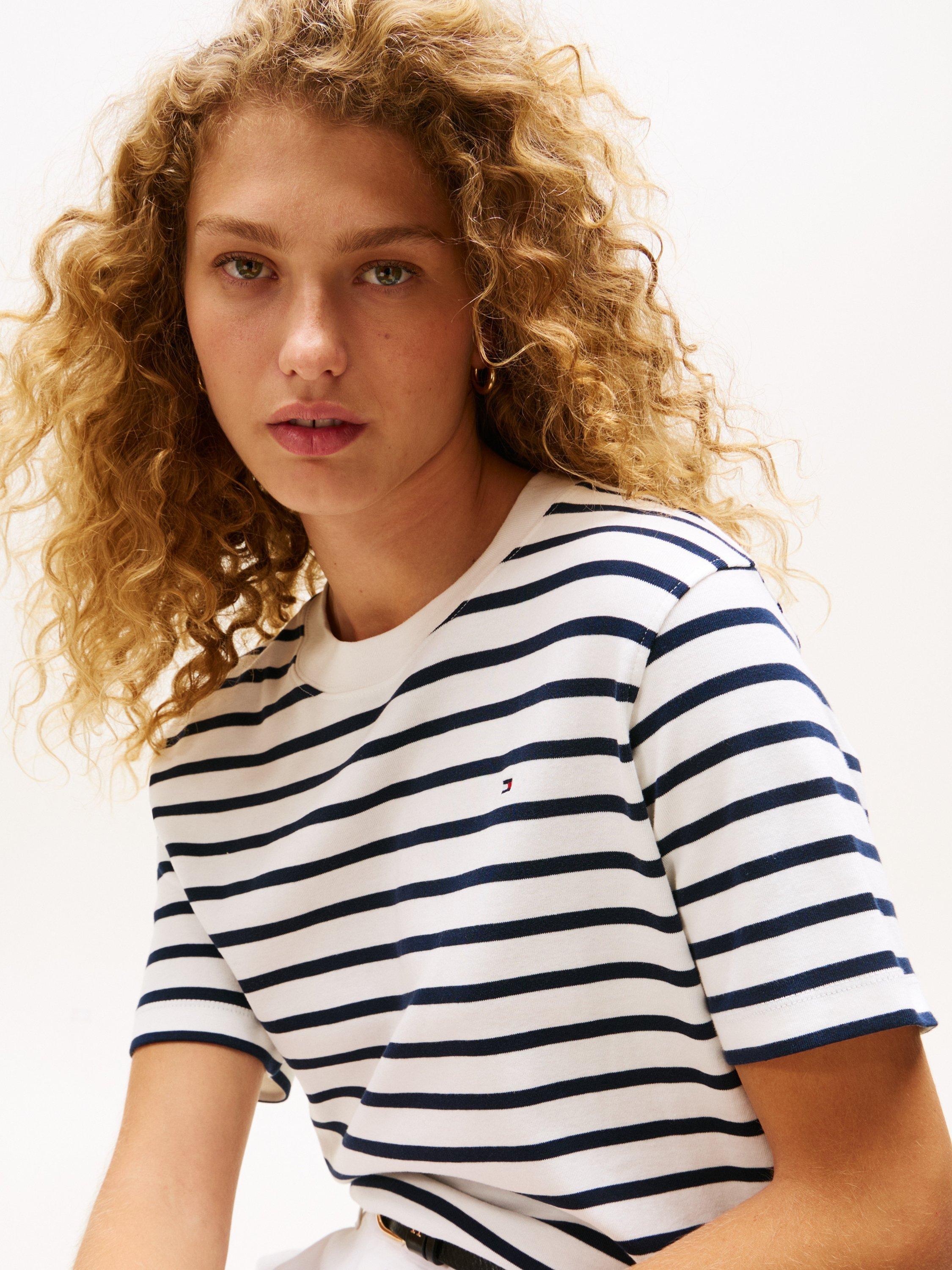 Product image 4 of 5, which shows Tommy Hilfiger Stripe Logo T-Shirt, Ecru/Navy, XS