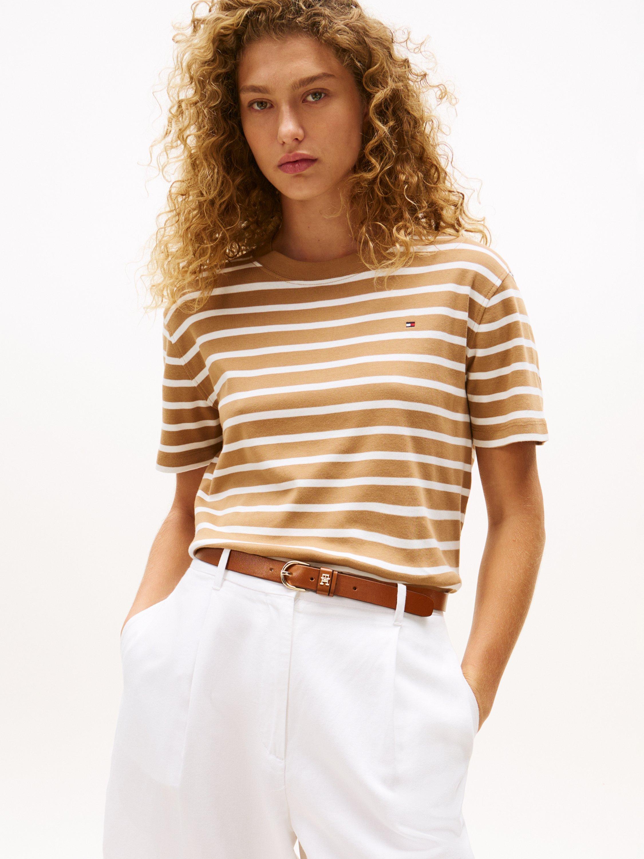 Product image 1 of 5, which shows Tommy Hilfiger Stripe Logo T-Shirt, Hickory/Ecru, XS