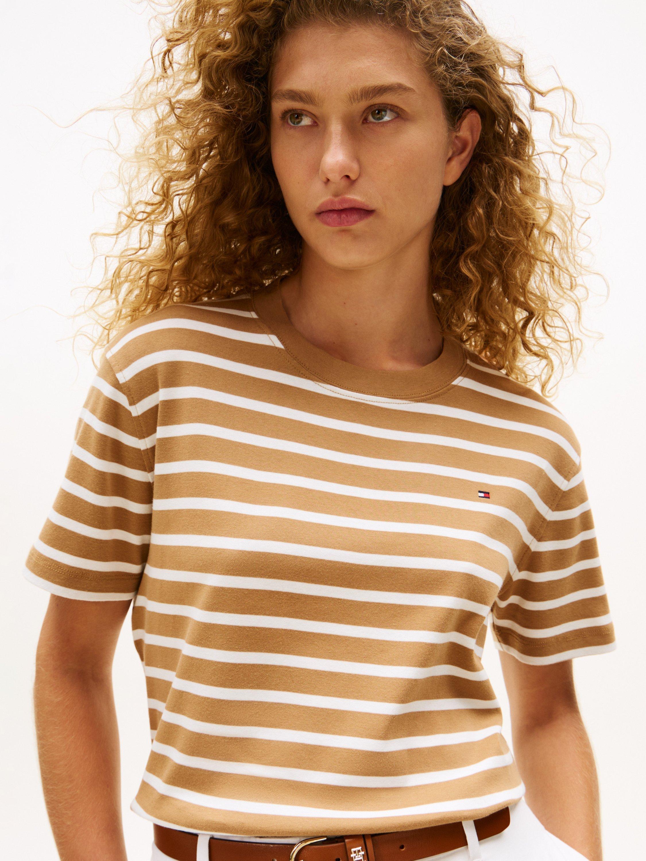 Product image 4 of 5, which shows Tommy Hilfiger Stripe Logo T-Shirt, Hickory/Ecru, XS
