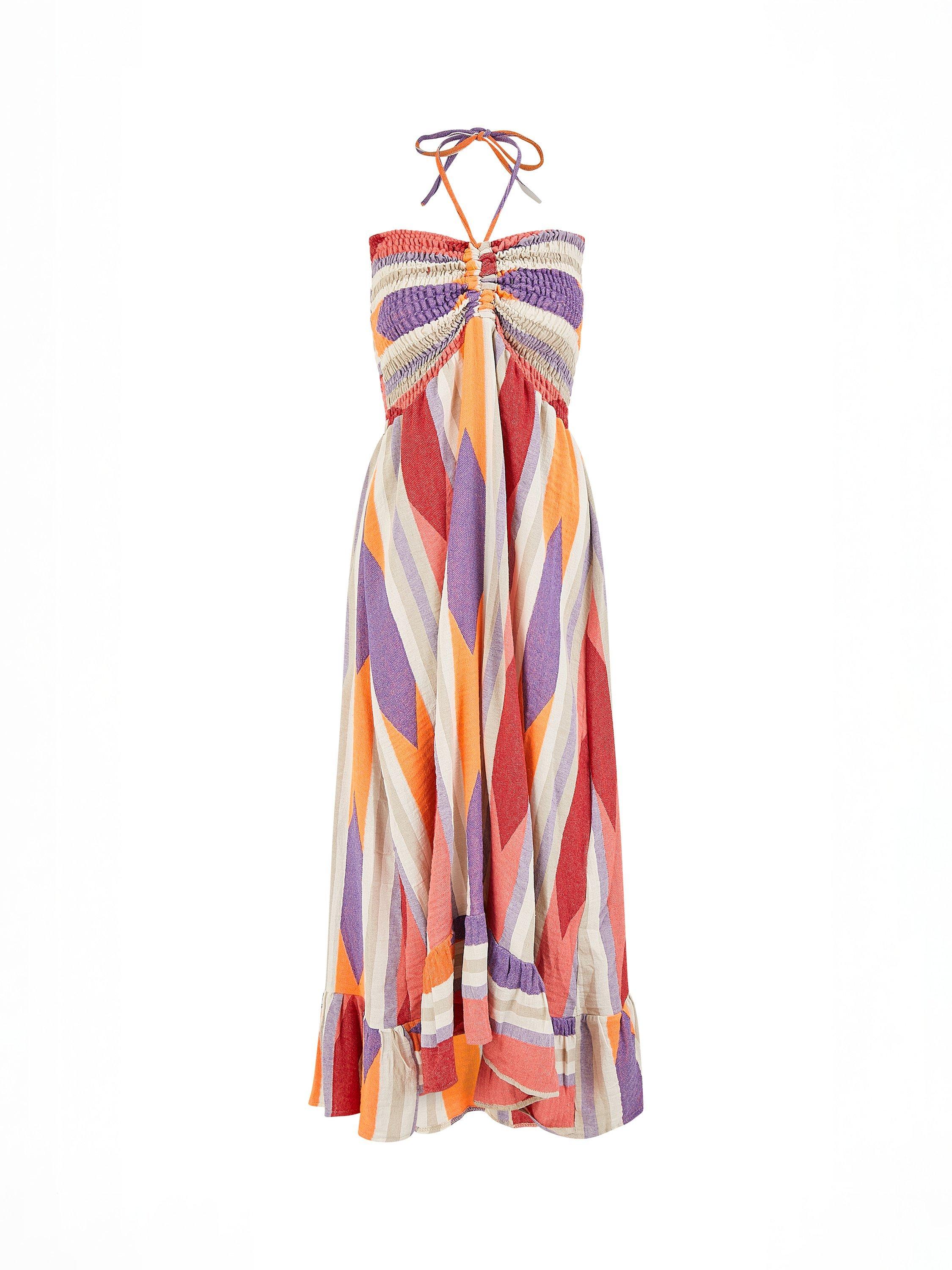 Product image 4 of 6, which shows Yumi Geometric Stripe Halterneck Maxi Dress, Multi, S