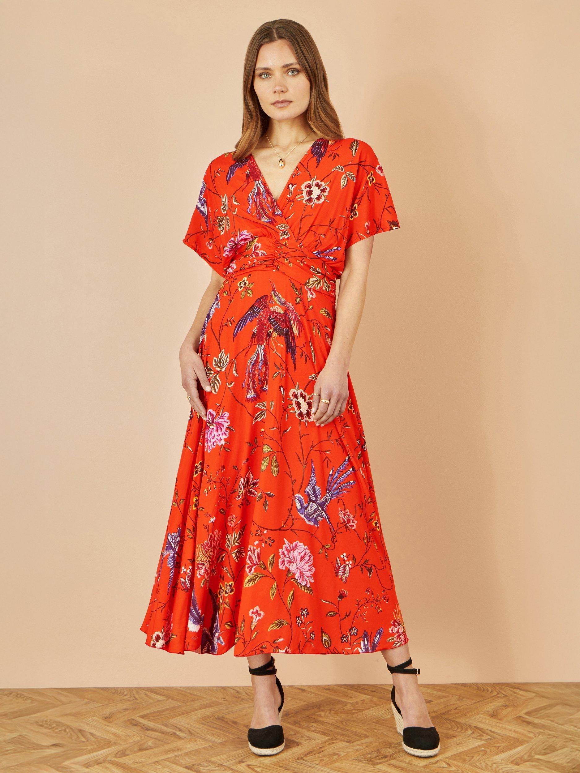 Product image 2 of 4, which shows Yumi Bird Floral Midi Dress, Orange/Multi, 8