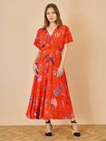 Yumi Bird And Floral Kimono Midi Dress, Orange/Multi