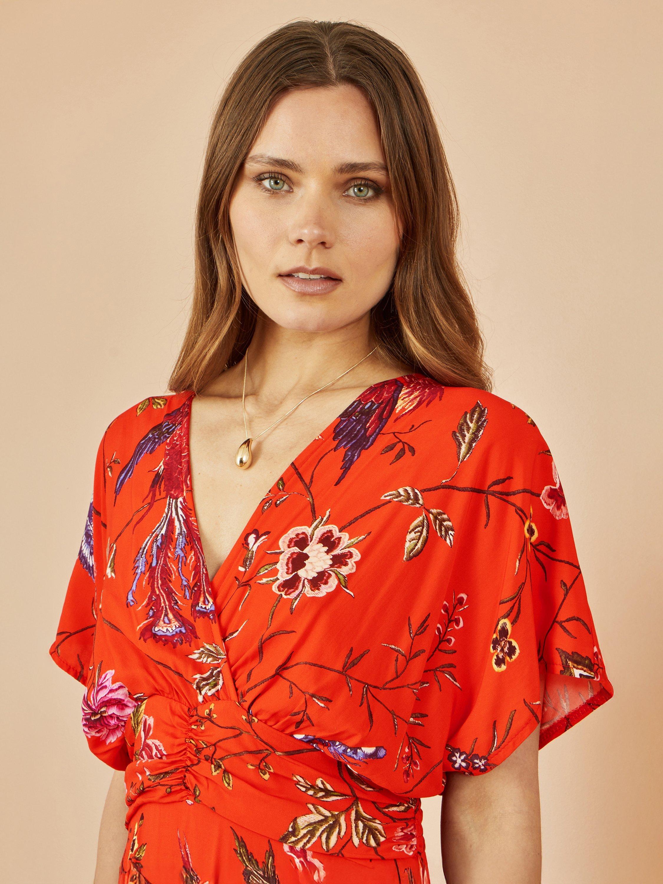 Product image 3 of 4, which shows Yumi Bird Floral Midi Dress, Orange/Multi, 8