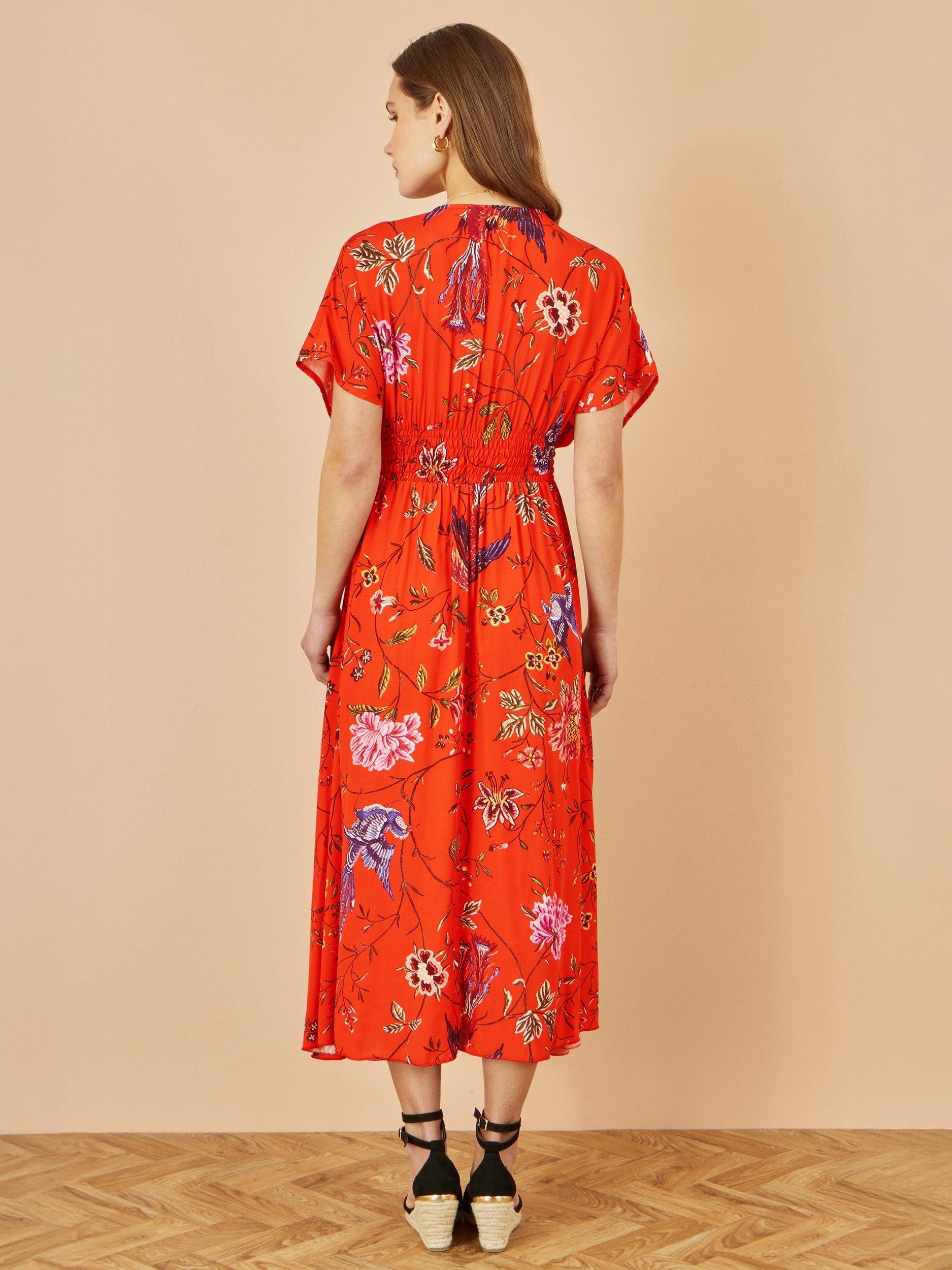 Product image 4 of 4, which shows Yumi Bird Floral Midi Dress, Orange/Multi, 8