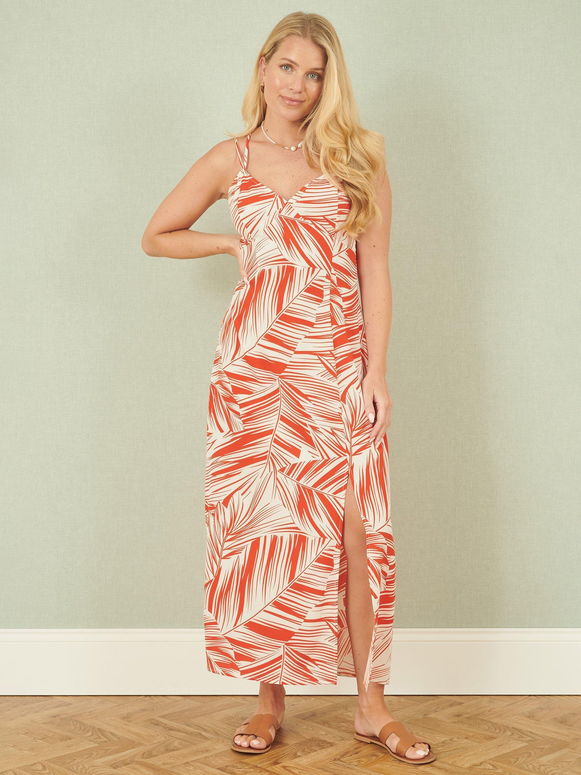 Product image 3 of 5, which shows Yumi Abstract Leaf Print Maxi Dress , Orange/White, 8