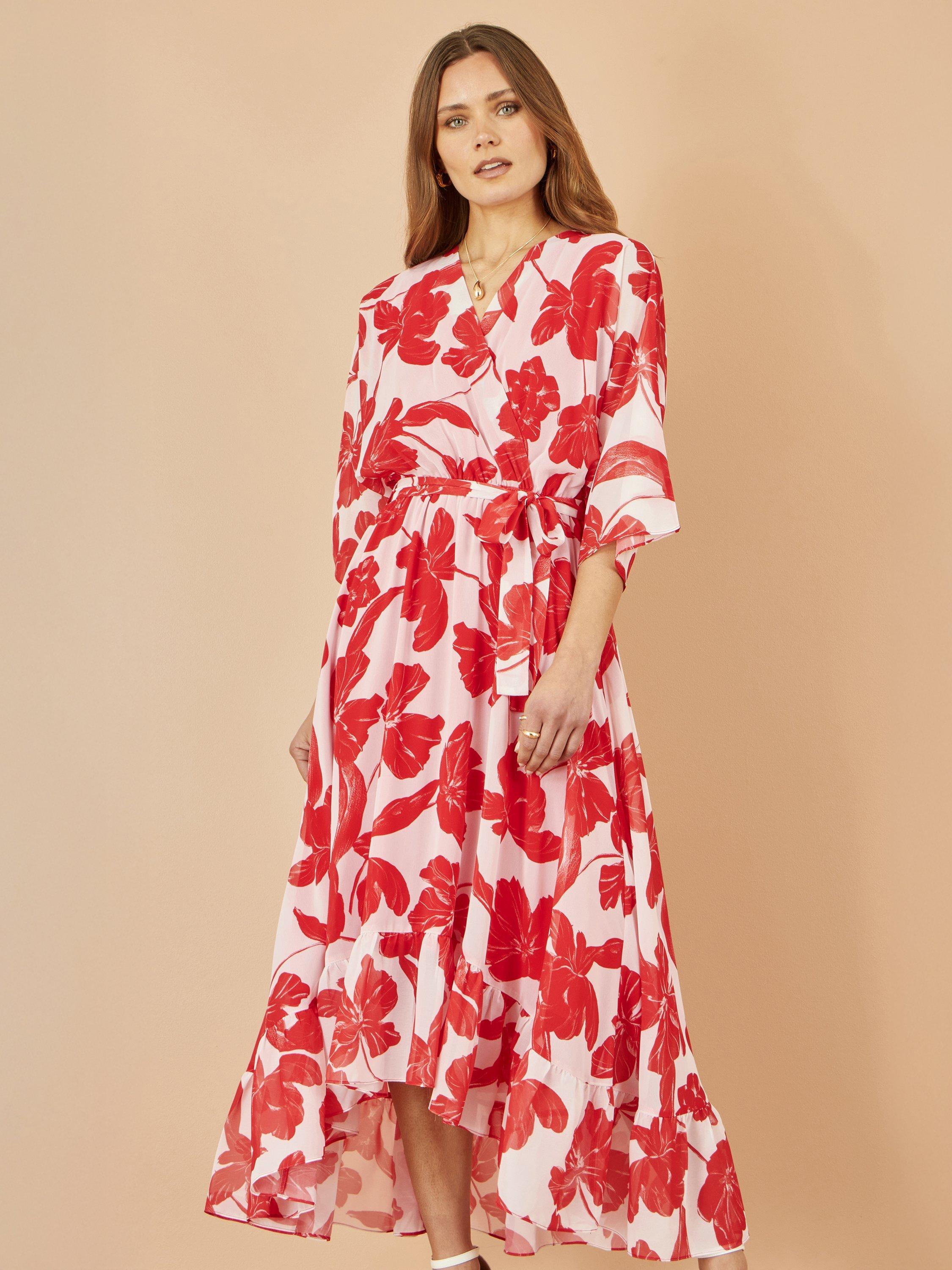 Product image 1 of 4, which shows Yumi Kimono Sleeve Dip Hem Dress, Red/White, 8