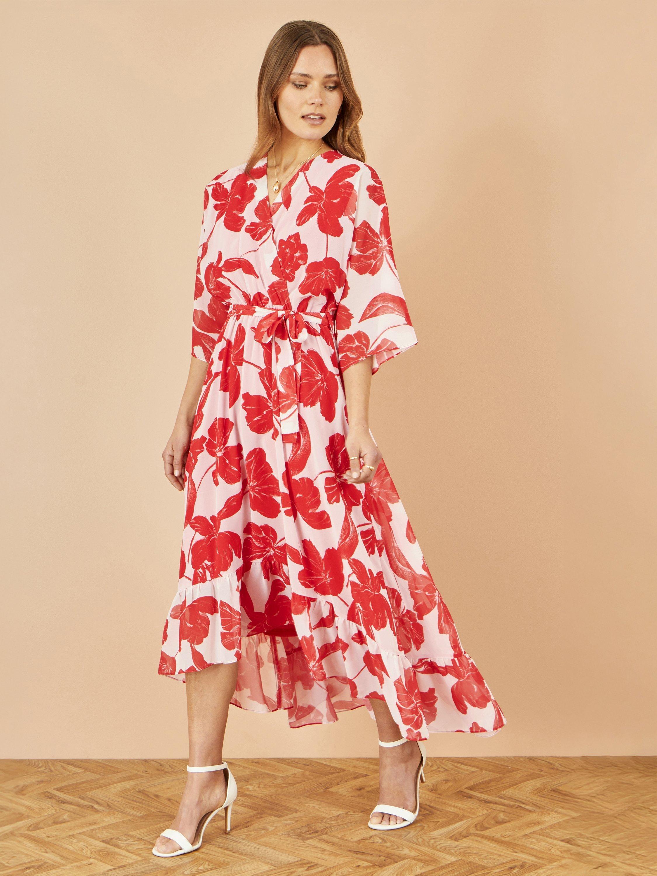 Product image 2 of 4, which shows Yumi Kimono Sleeve Dip Hem Dress, Red/White, 8