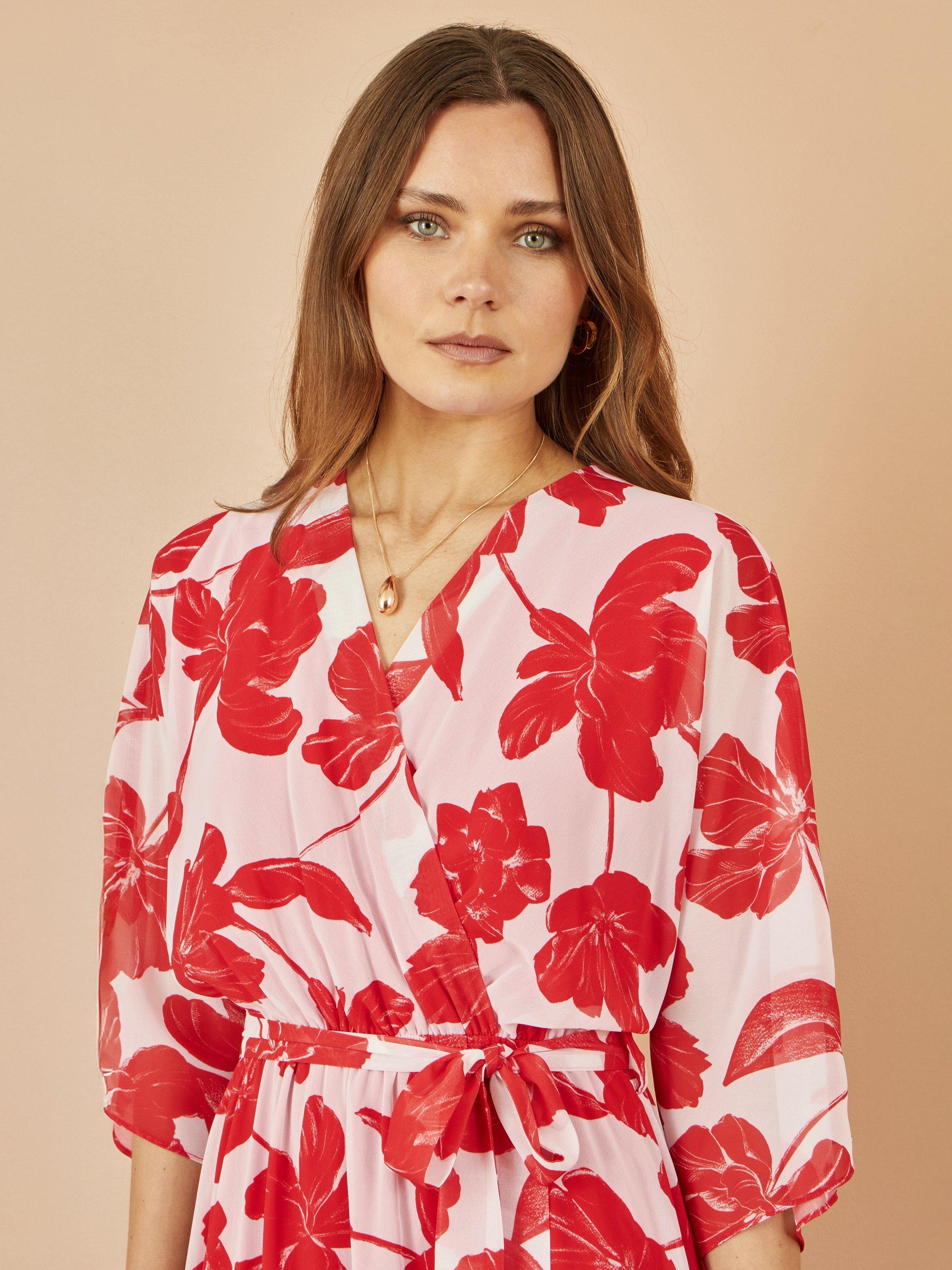 Product image 3 of 4, which shows Yumi Kimono Sleeve Dip Hem Dress, Red/White, 8