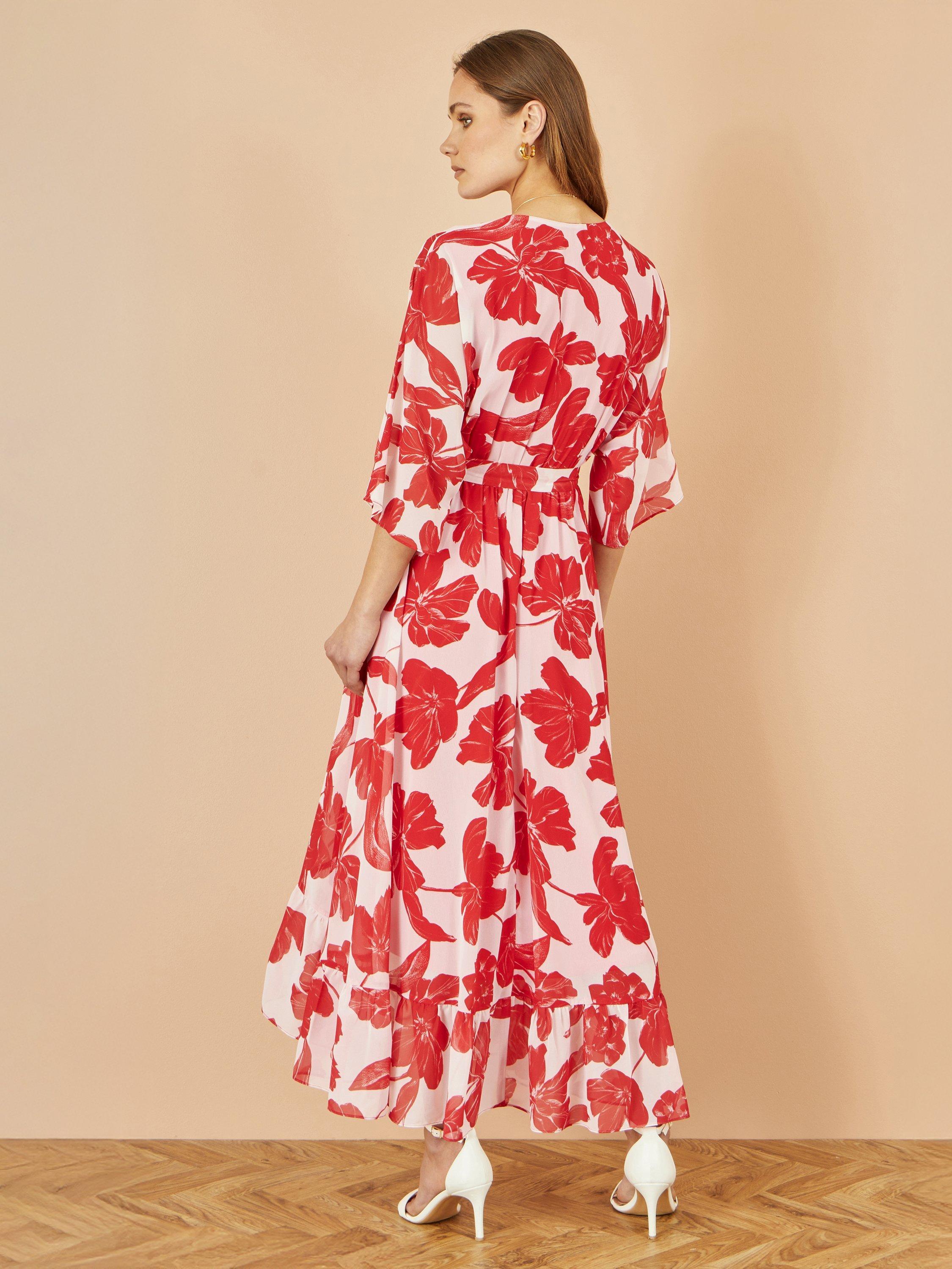 Product image 4 of 4, which shows Yumi Kimono Sleeve Dip Hem Dress, Red/White, 8
