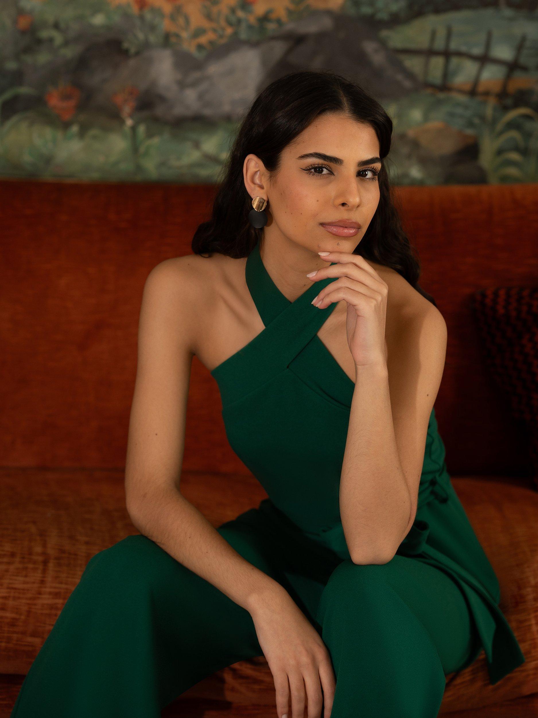 Product image 3 of 5, which shows Yumi Cross Over Halterneck Jumpsuit, Green, 8