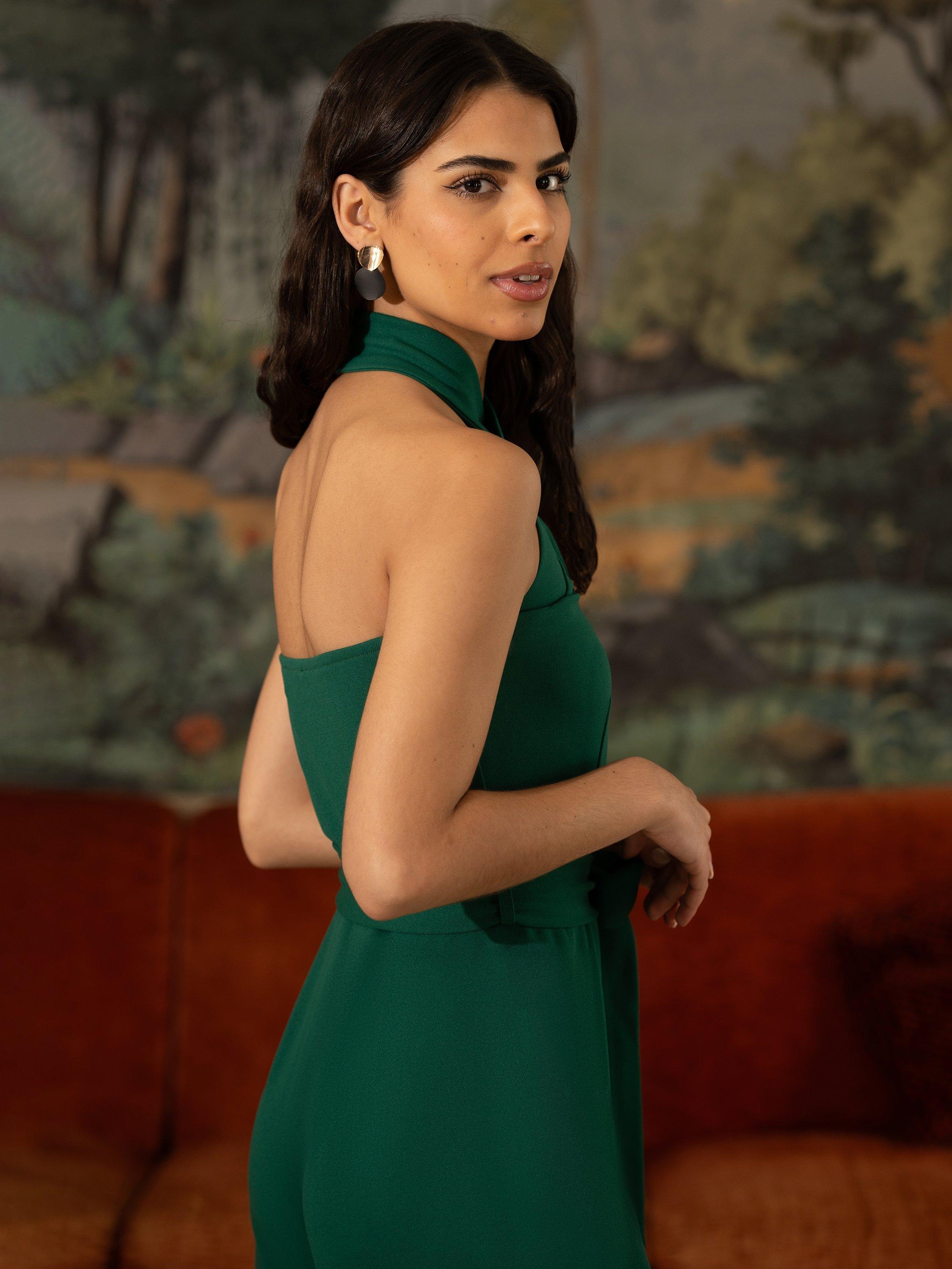 Product image 4 of 5, which shows Yumi Cross Over Halterneck Jumpsuit, Green, 8