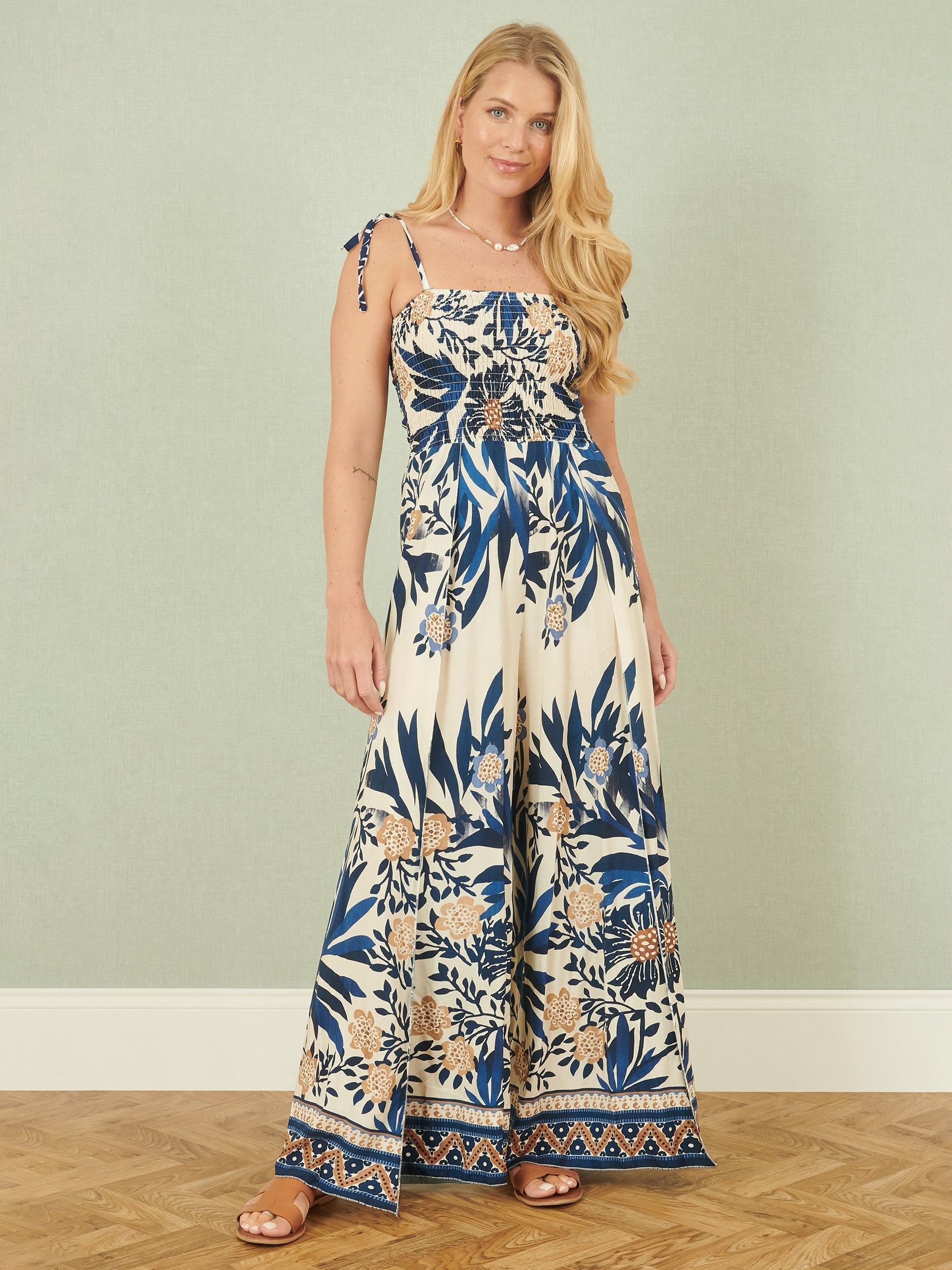 Product image 1 of 5, which shows Yumi Palm Print Wide Leg Jumpsuit, Navy, 8