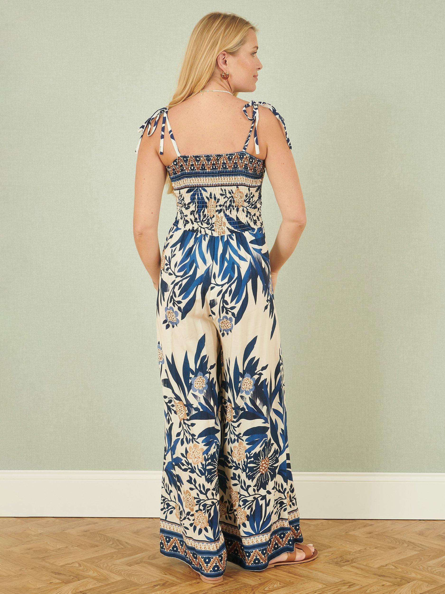 Product image 4 of 5, which shows Yumi Palm Print Wide Leg Jumpsuit, Navy, 8