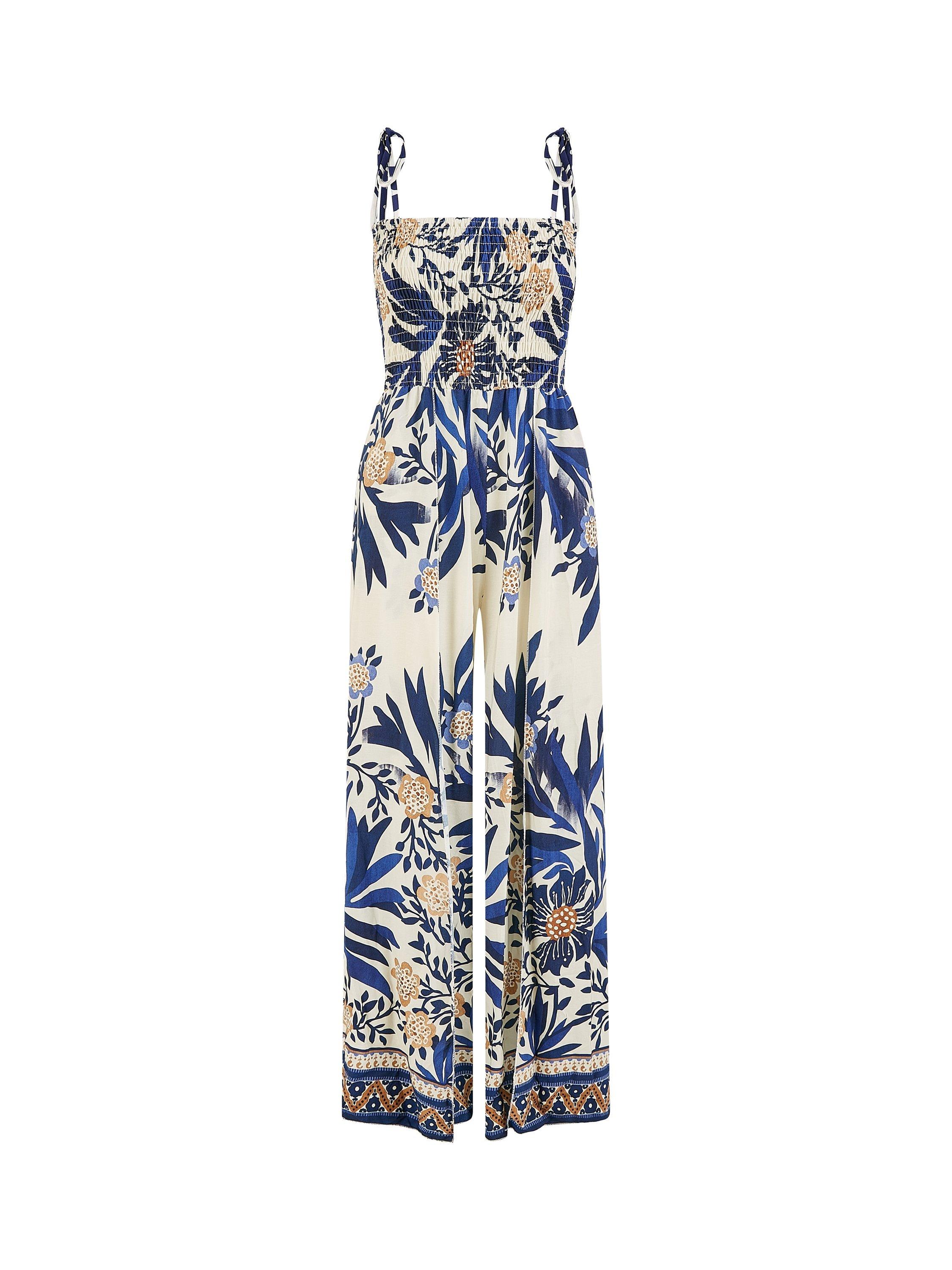 Product image 5 of 5, which shows Yumi Palm Print Wide Leg Jumpsuit, Navy, 8