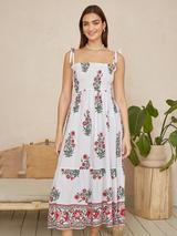 Yumi Floral Smocked Midi Dress, White/Multi