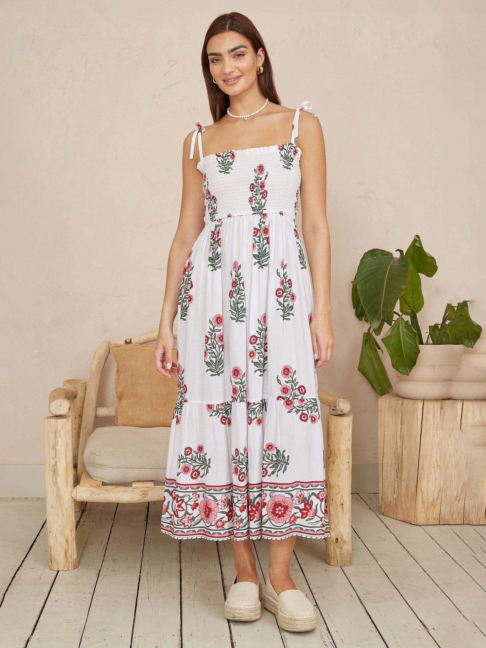 Product image 2 of 5, which shows Yumi Floral Smocked Midi Dress, White/Multi, 8