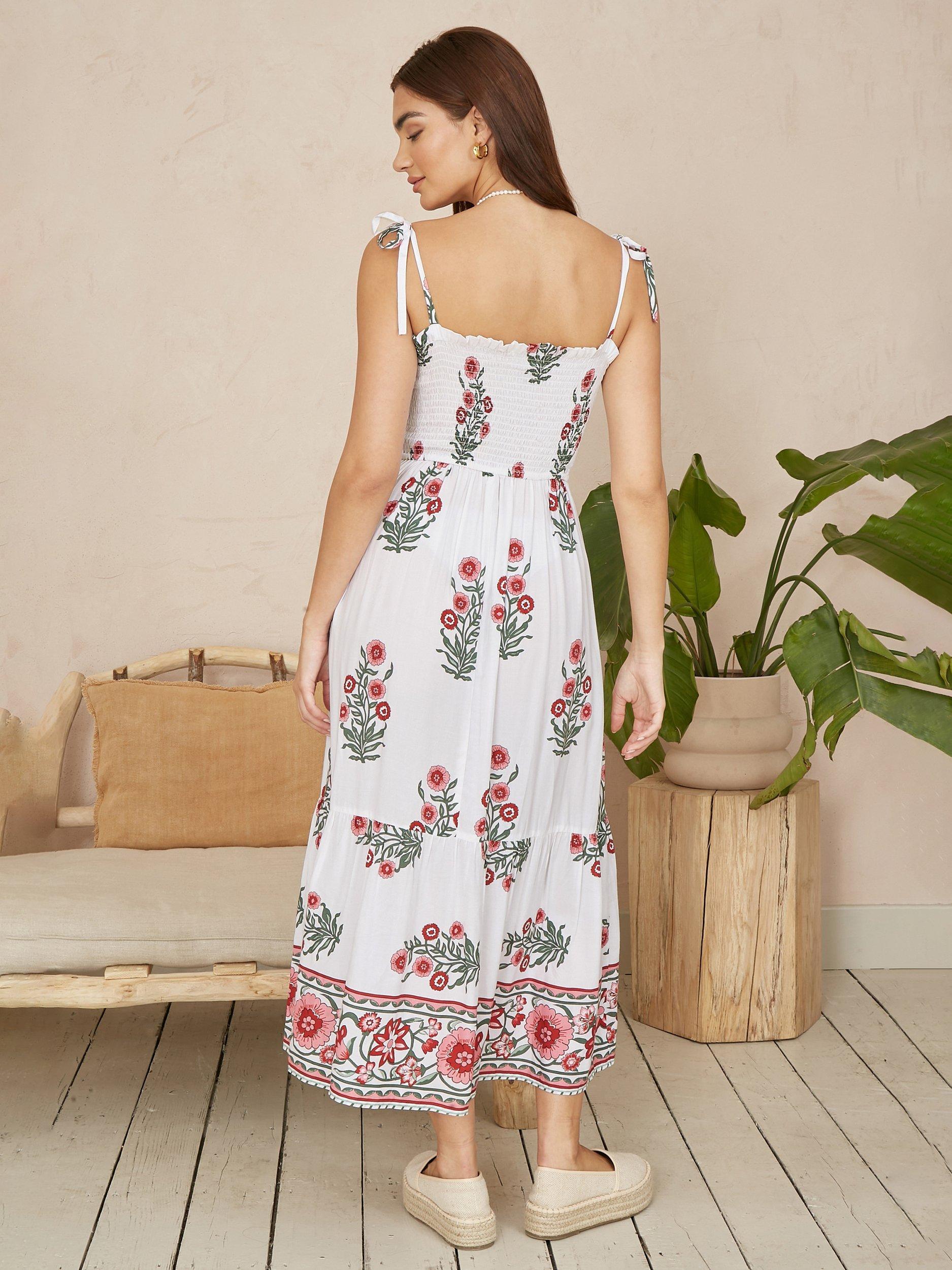 Product image 4 of 5, which shows Yumi Floral Smocked Midi Dress, White/Multi, 8