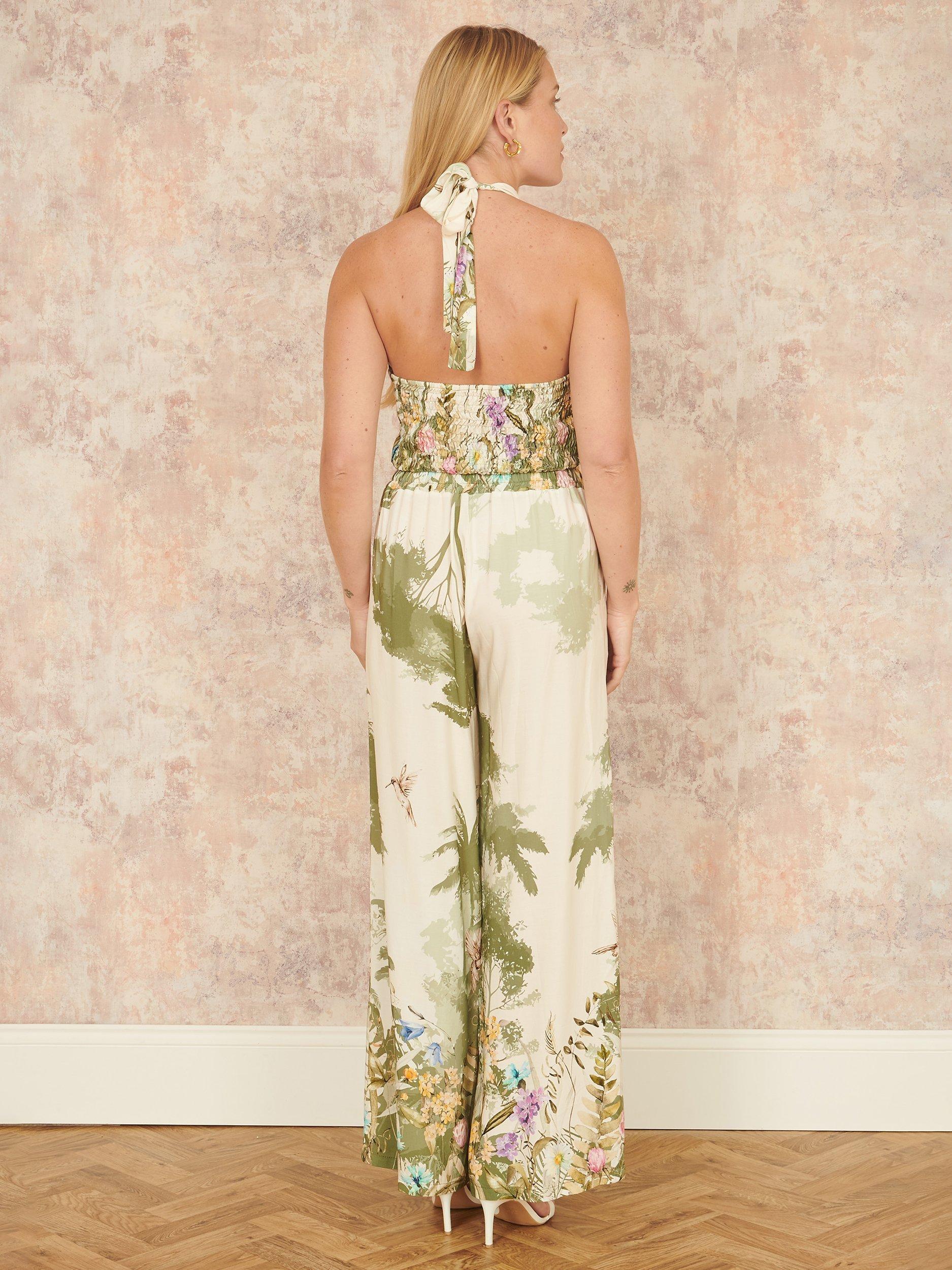 Product image 4 of 6, which shows Yumi Palm Print Tie Back Neckline Top, Beige, 8