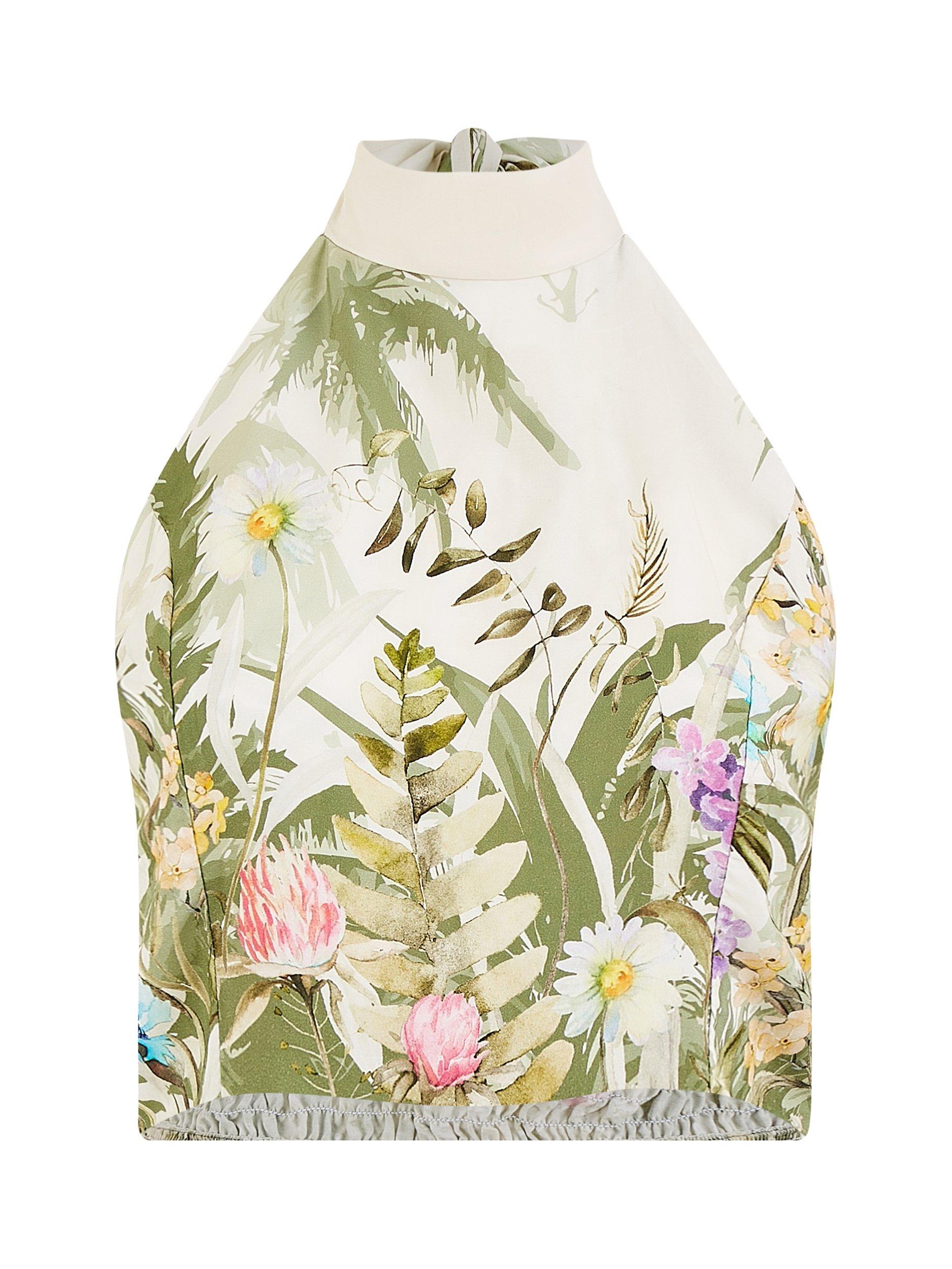 Product image 5 of 6, which shows Yumi Palm Print Tie Back Neckline Top, Beige, 8