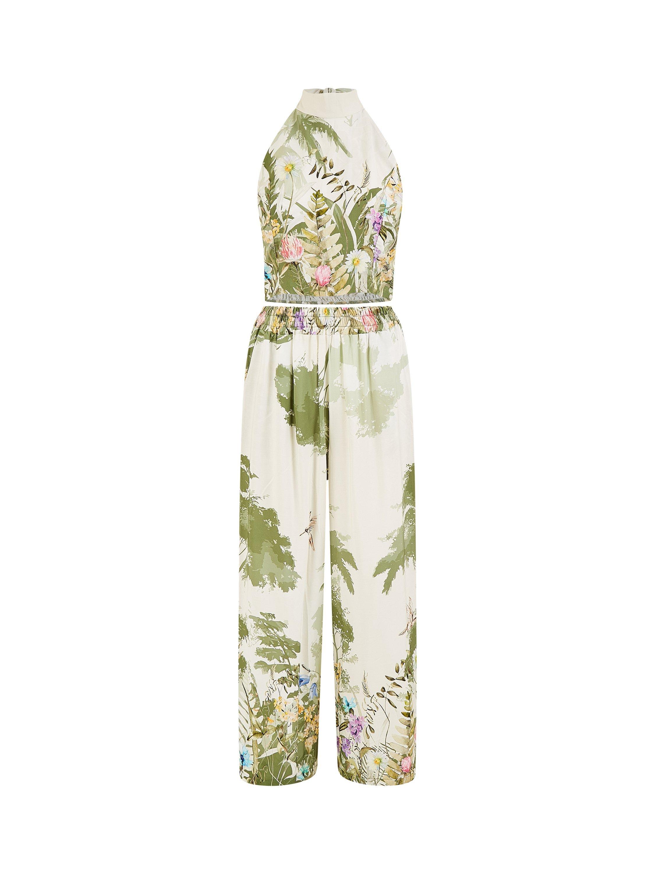 Product image 6 of 6, which shows Yumi Palm Print Tie Back Neckline Top, Beige, 8