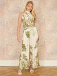 Yumi Palm Print Wide Leg Trousers, Beige