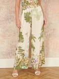 Yumi Palm Print Wide Leg Trousers, Beige