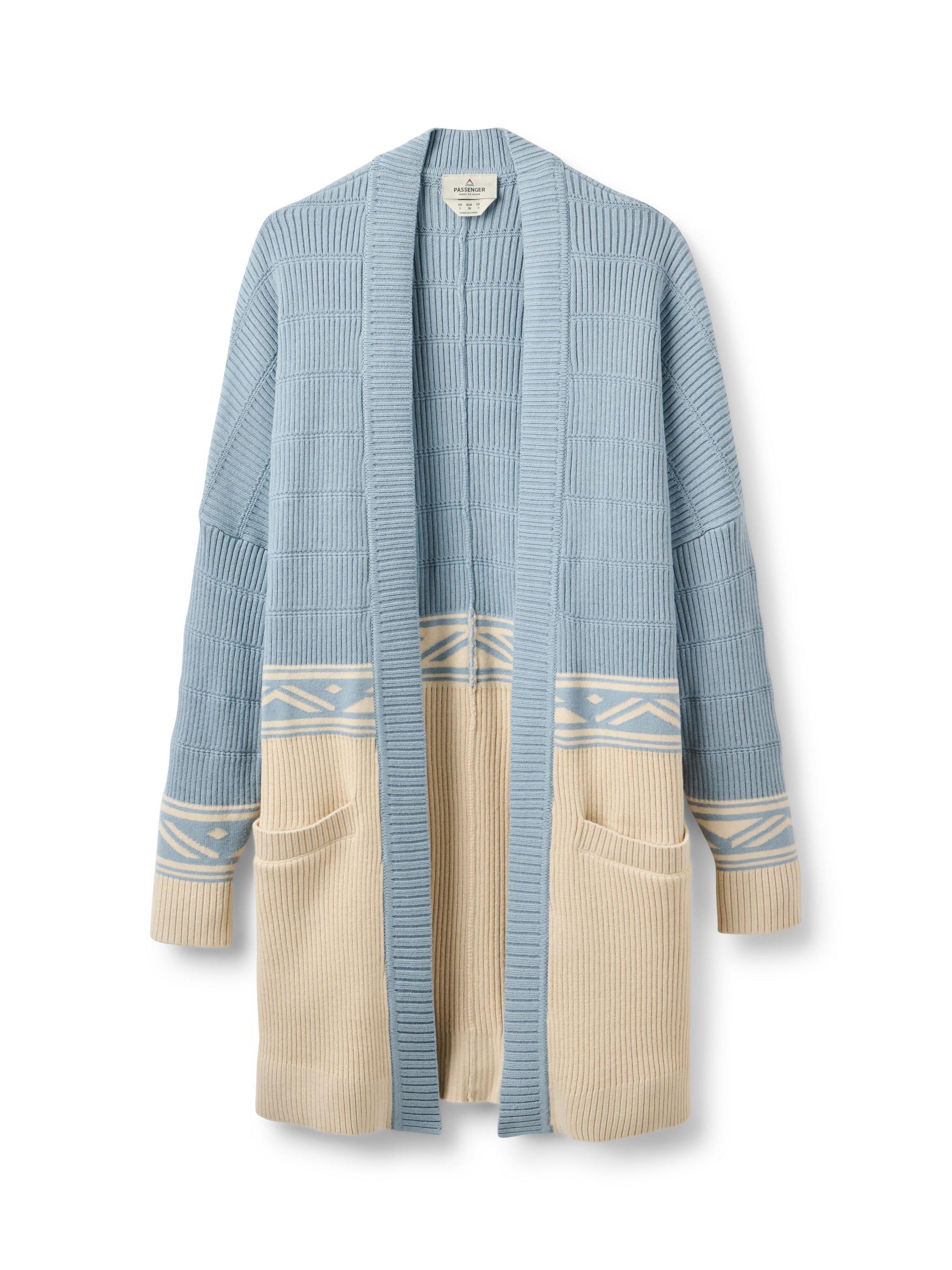 Product image 1 of 7, which shows Passenger Nurture Jacquard Ribbed Cardigan, Blue/Beige, XS