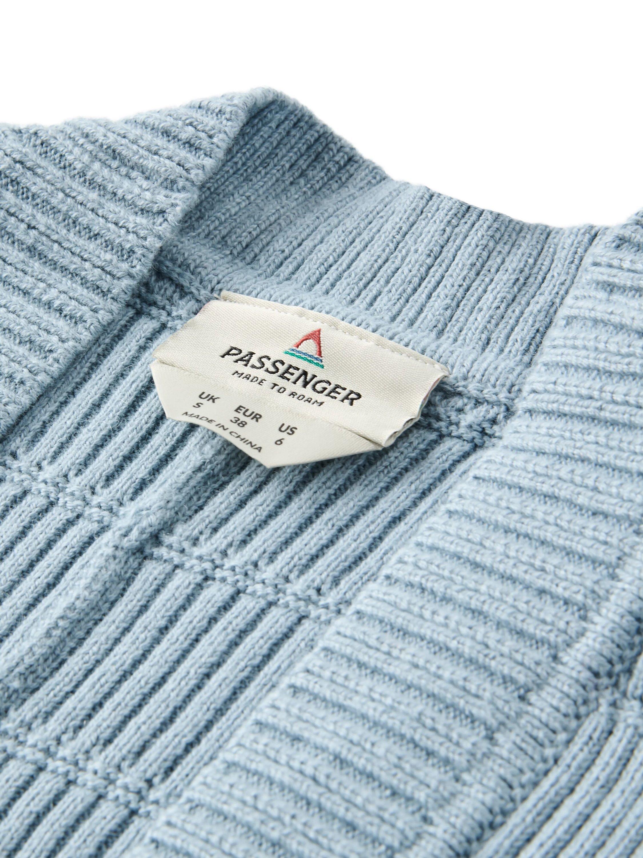 Product image 3 of 7, which shows Passenger Nurture Jacquard Ribbed Cardigan, Blue/Beige, XS