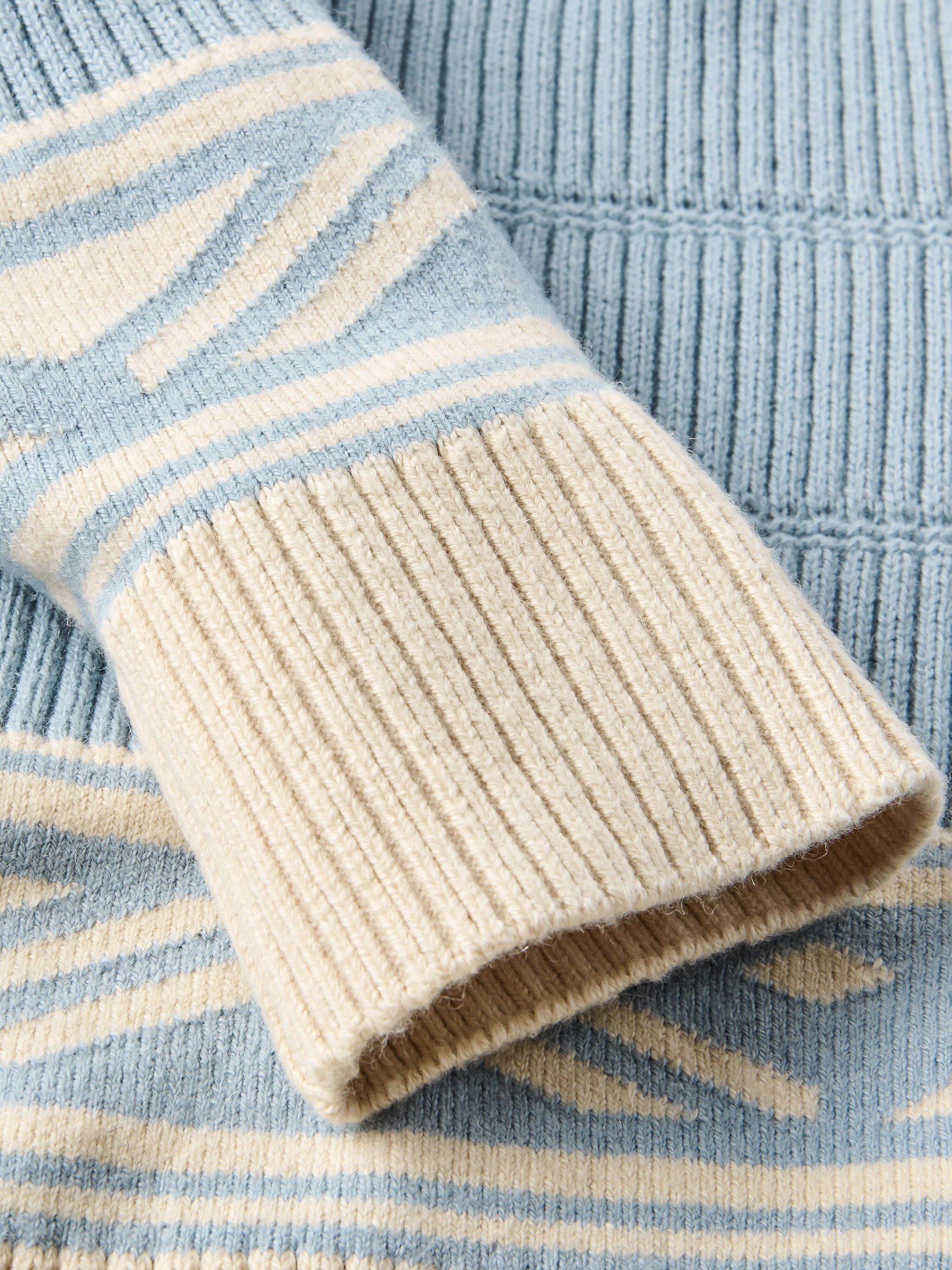 Product image 5 of 7, which shows Passenger Nurture Jacquard Ribbed Cardigan, Blue/Beige, XS