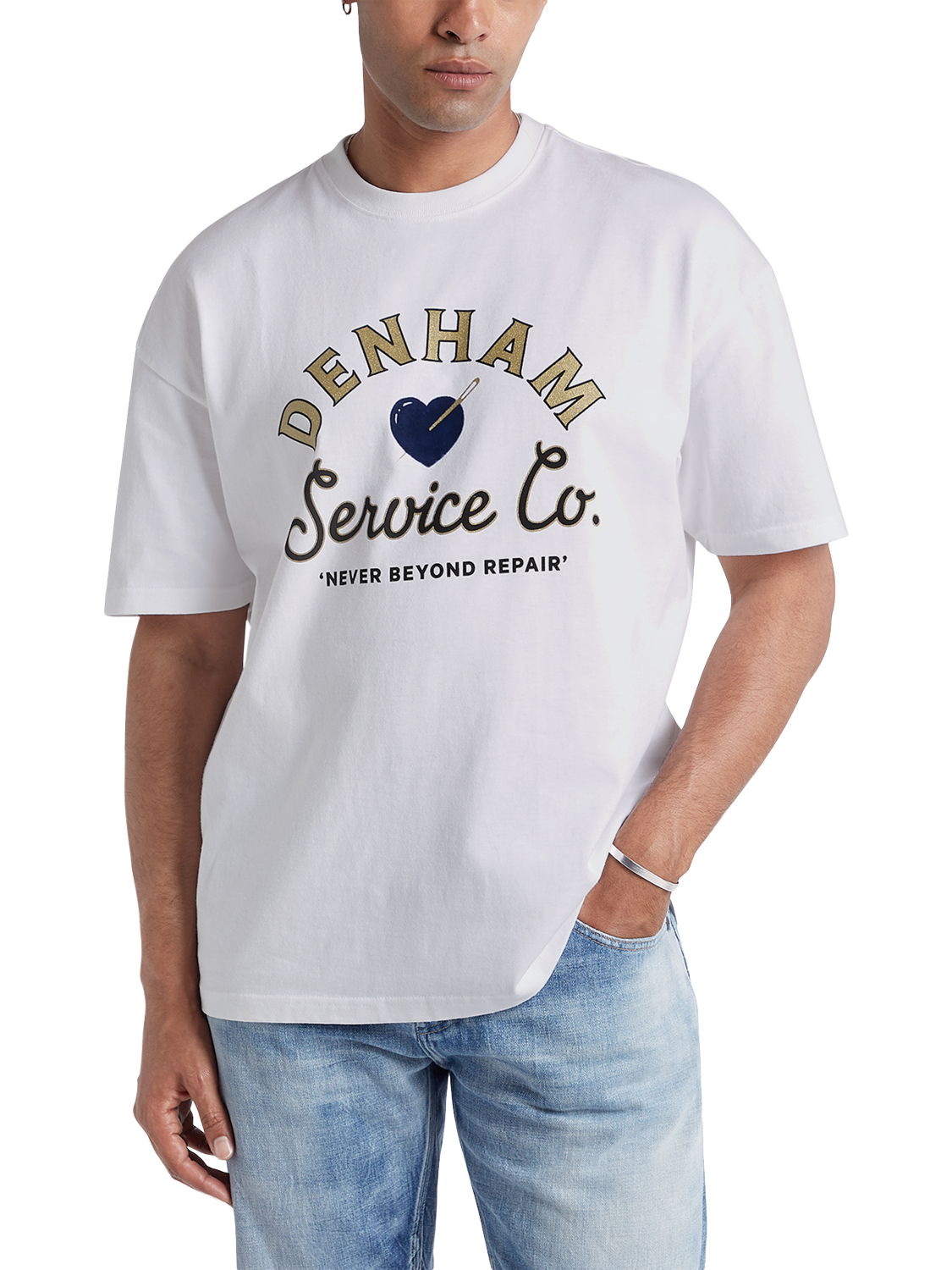 Product image 1 of 3, which shows DENHAM Graphic Print Cotton T-Shirt, White, S
