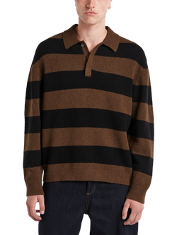 DENHAM Rugby Knit Stripe Cotton Blend Polo Shirt, Wren Brown