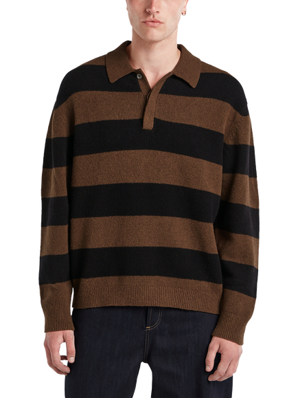 DENHAM Rugby Knit Stripe Cotton Blend Polo Shirt, Wren Brown