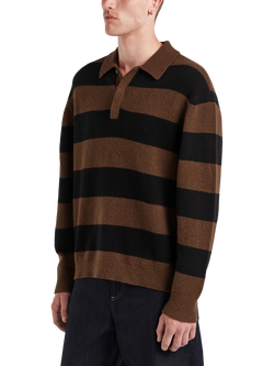 DENHAM Rugby Knit Stripe Cotton Blend Polo Shirt - view 2, Wren Brown