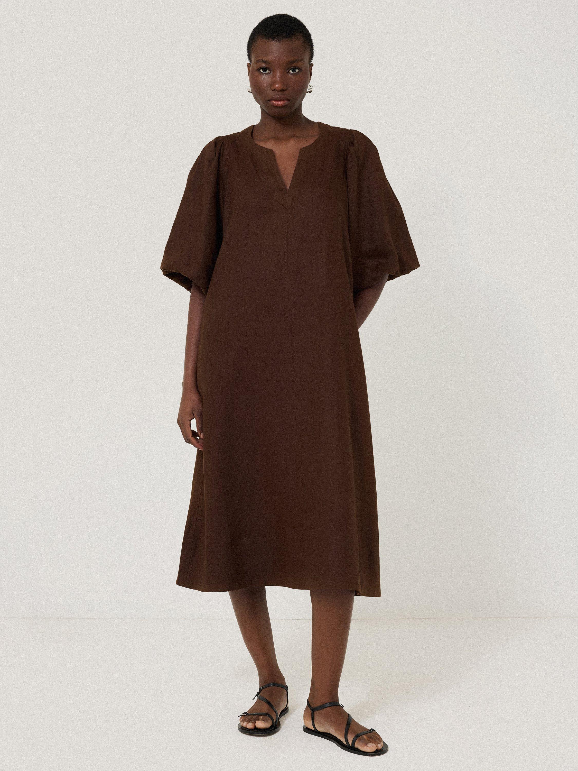 Product image 1 of 6, which shows Jigsaw Puff Sleeve Pure Linen Midi Dress, Brown, 6