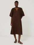 Jigsaw Puff Sleeve Pure Linen Midi Dress, Brown
