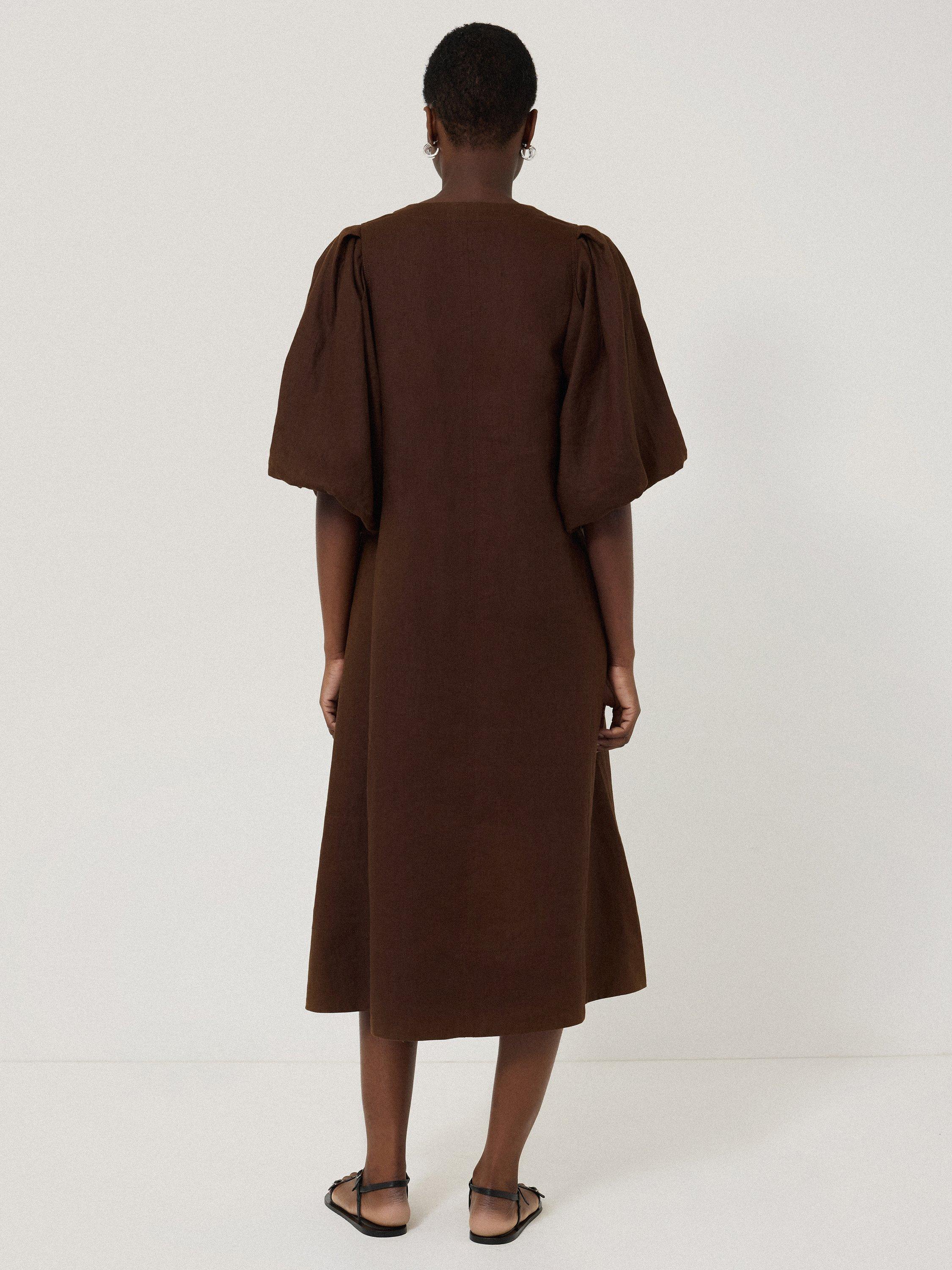 Product image 2 of 6, which shows Jigsaw Puff Sleeve Pure Linen Midi Dress, Brown, 6