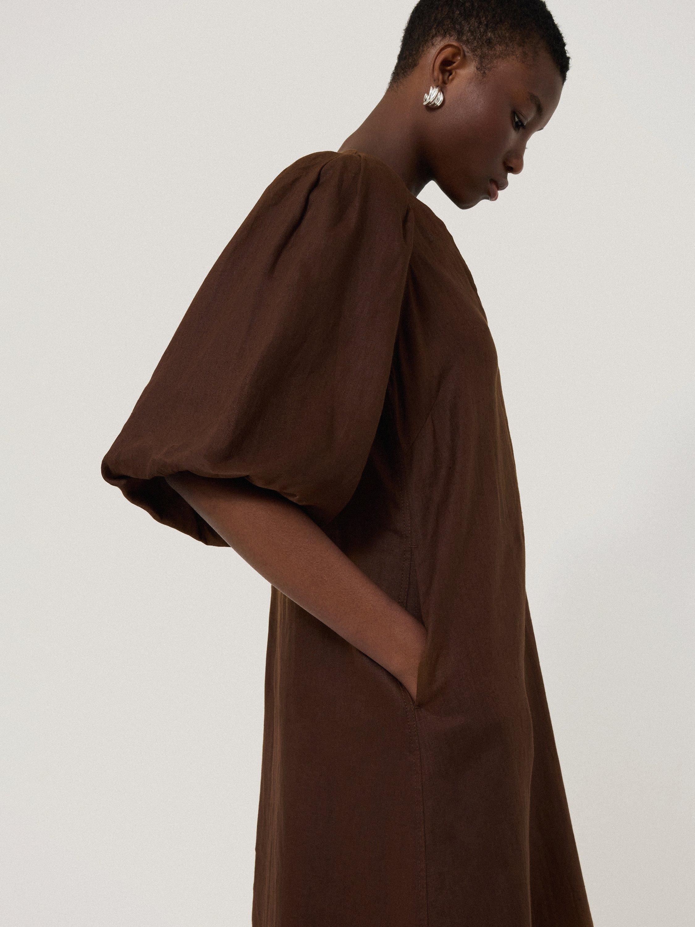 Product image 3 of 6, which shows Jigsaw Puff Sleeve Pure Linen Midi Dress, Brown, 6