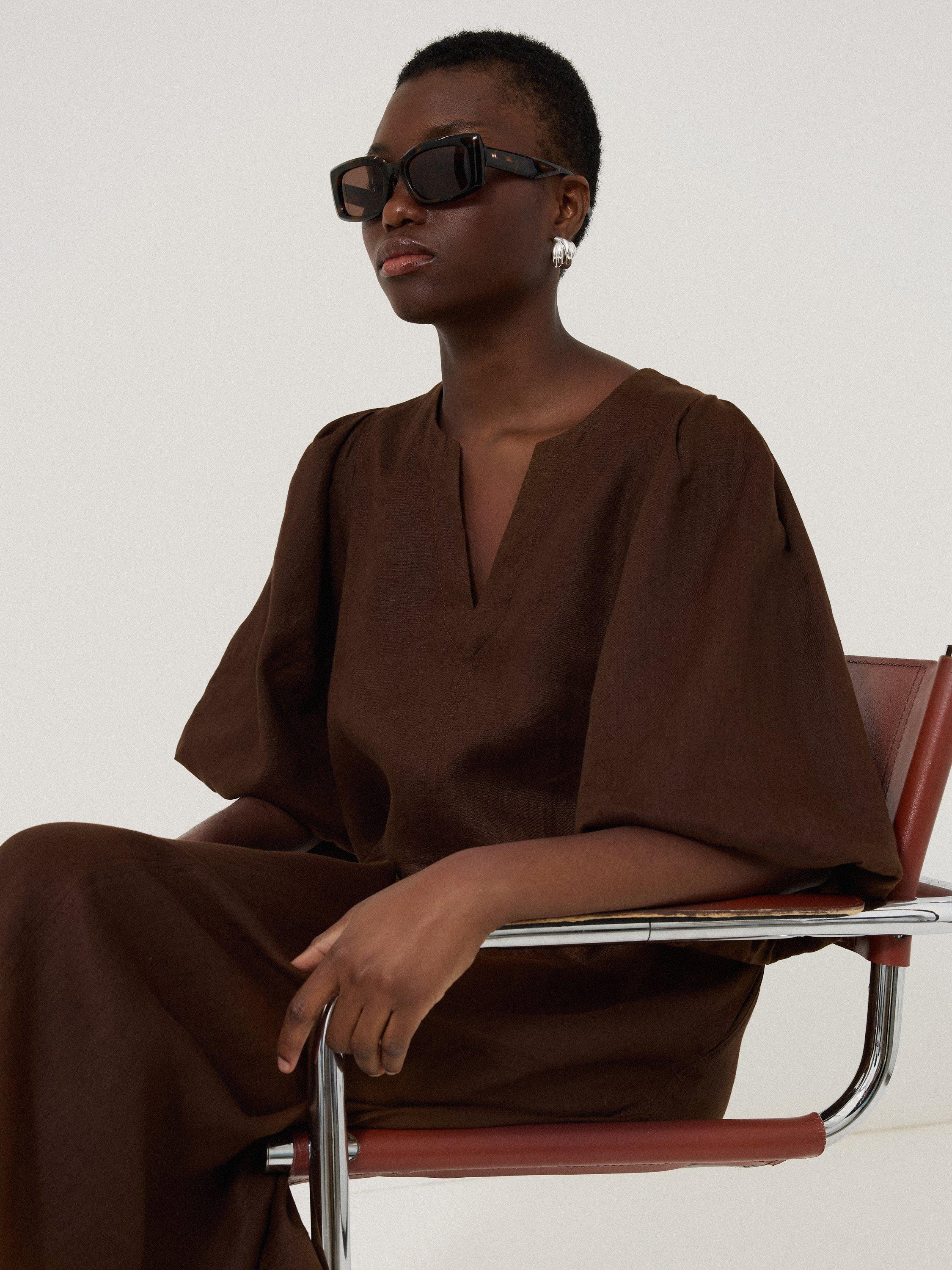 Product image 4 of 6, which shows Jigsaw Puff Sleeve Pure Linen Midi Dress, Brown, 6