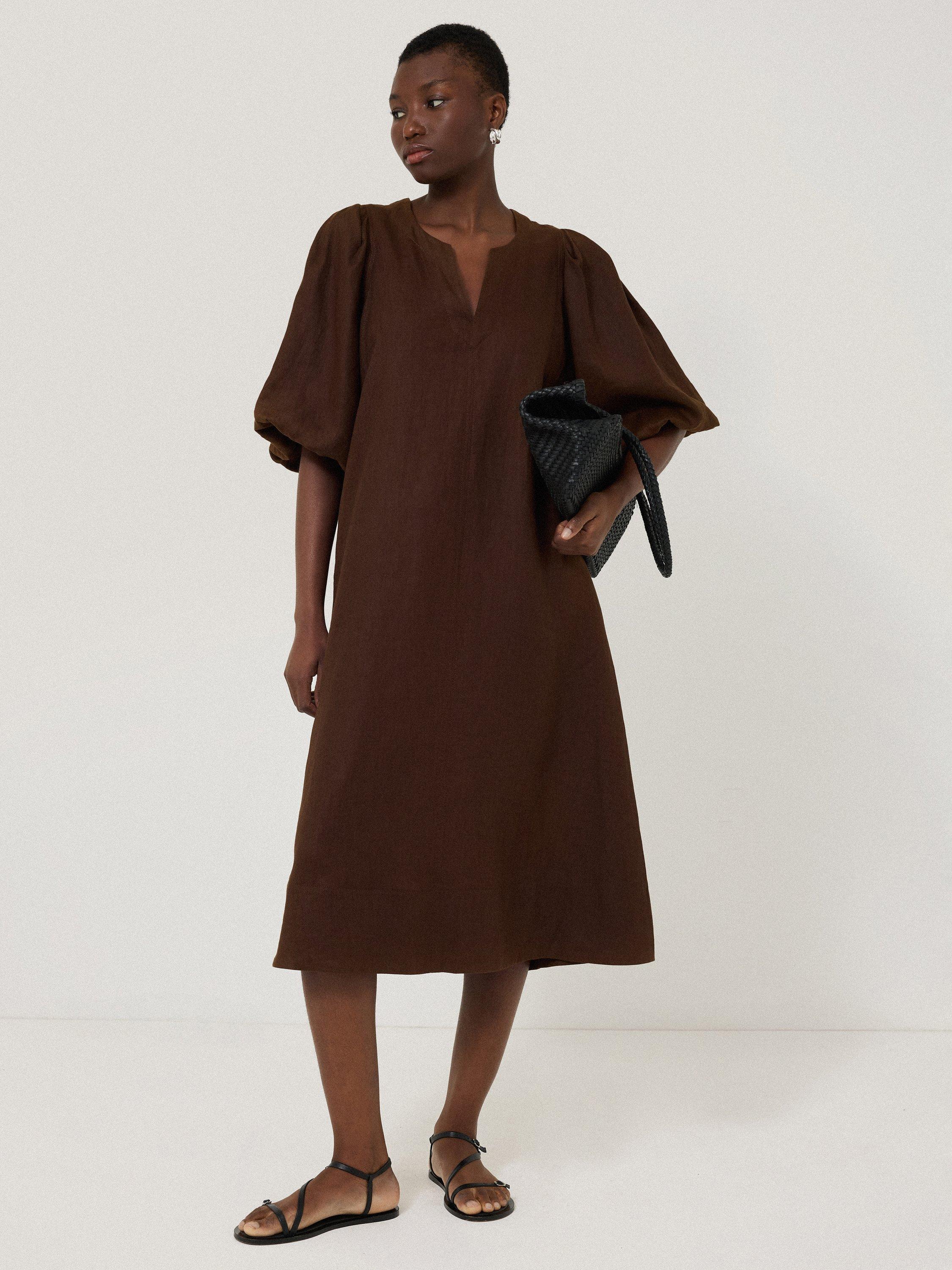 Product image 6 of 6, which shows Jigsaw Puff Sleeve Pure Linen Midi Dress, Brown, 6