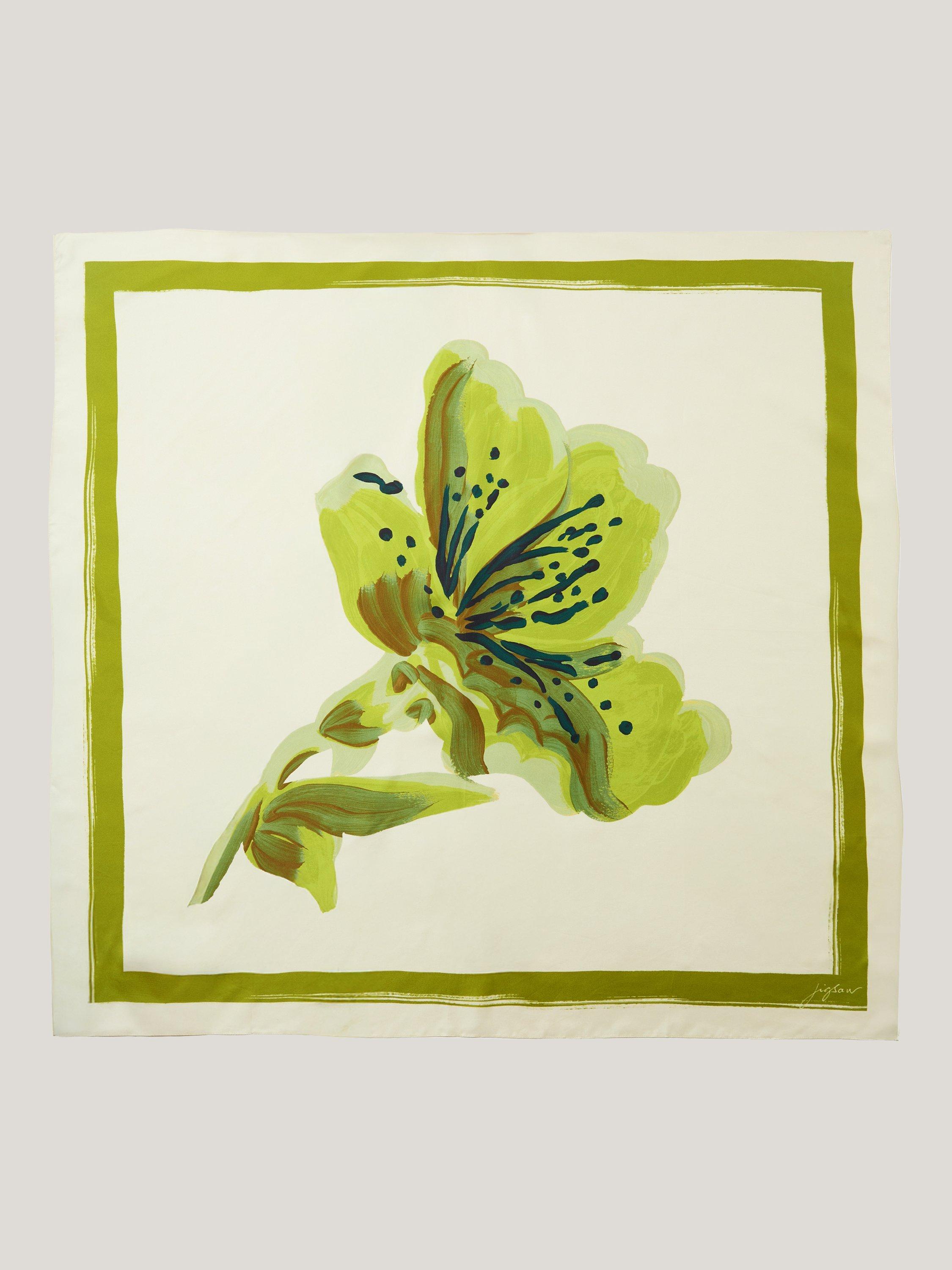 Jigsaw Lily Pure Silk Scarf, Cream/Green