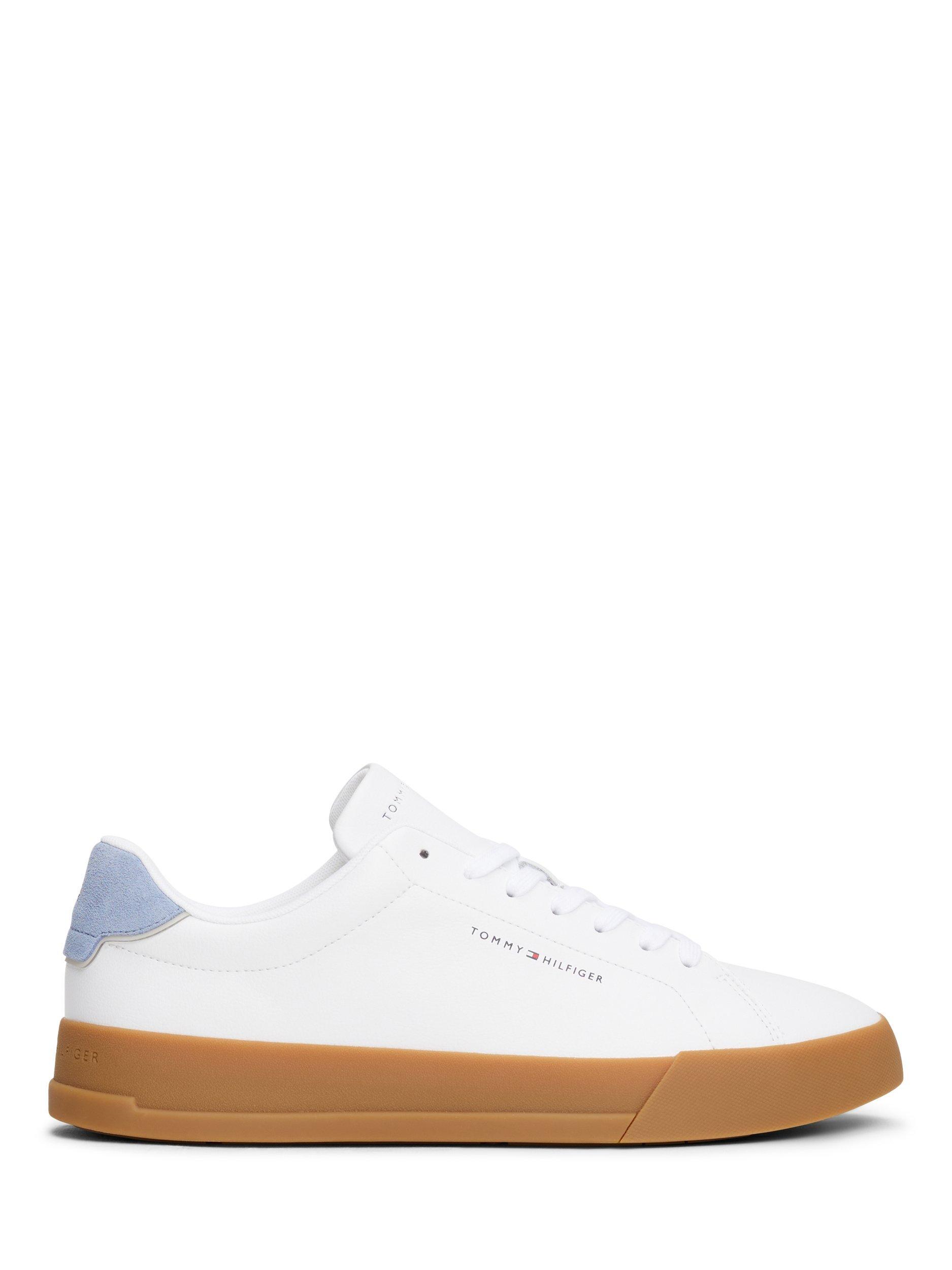 Product image 1 of 5, which shows Tommy Hilfiger Contrast Heel Court Trainers, White/Brisk Blue, EU40