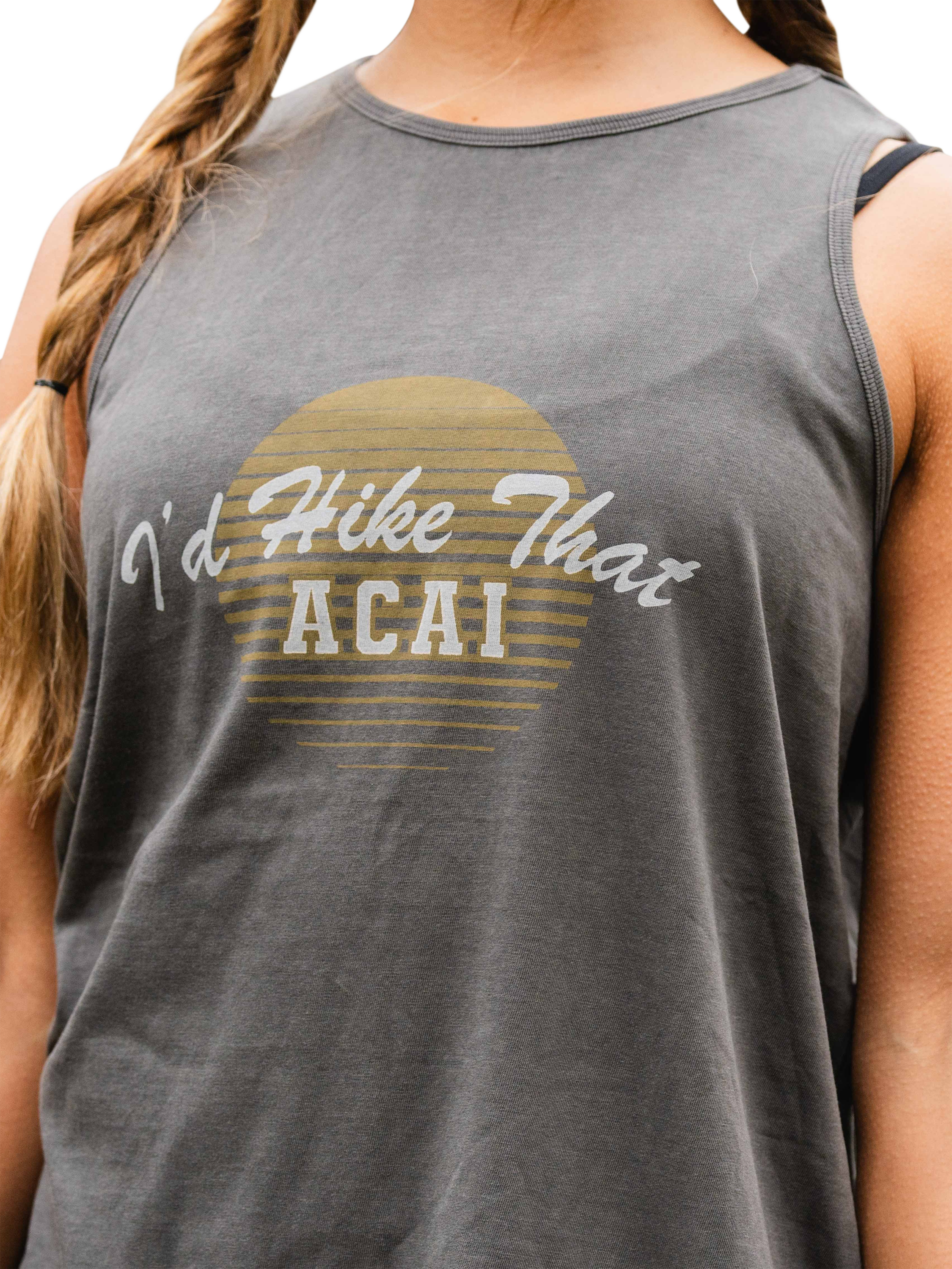 Product image 1 of 5, which shows ACAI I'd Hike That Graphic Tank Top, Washed Black, 8