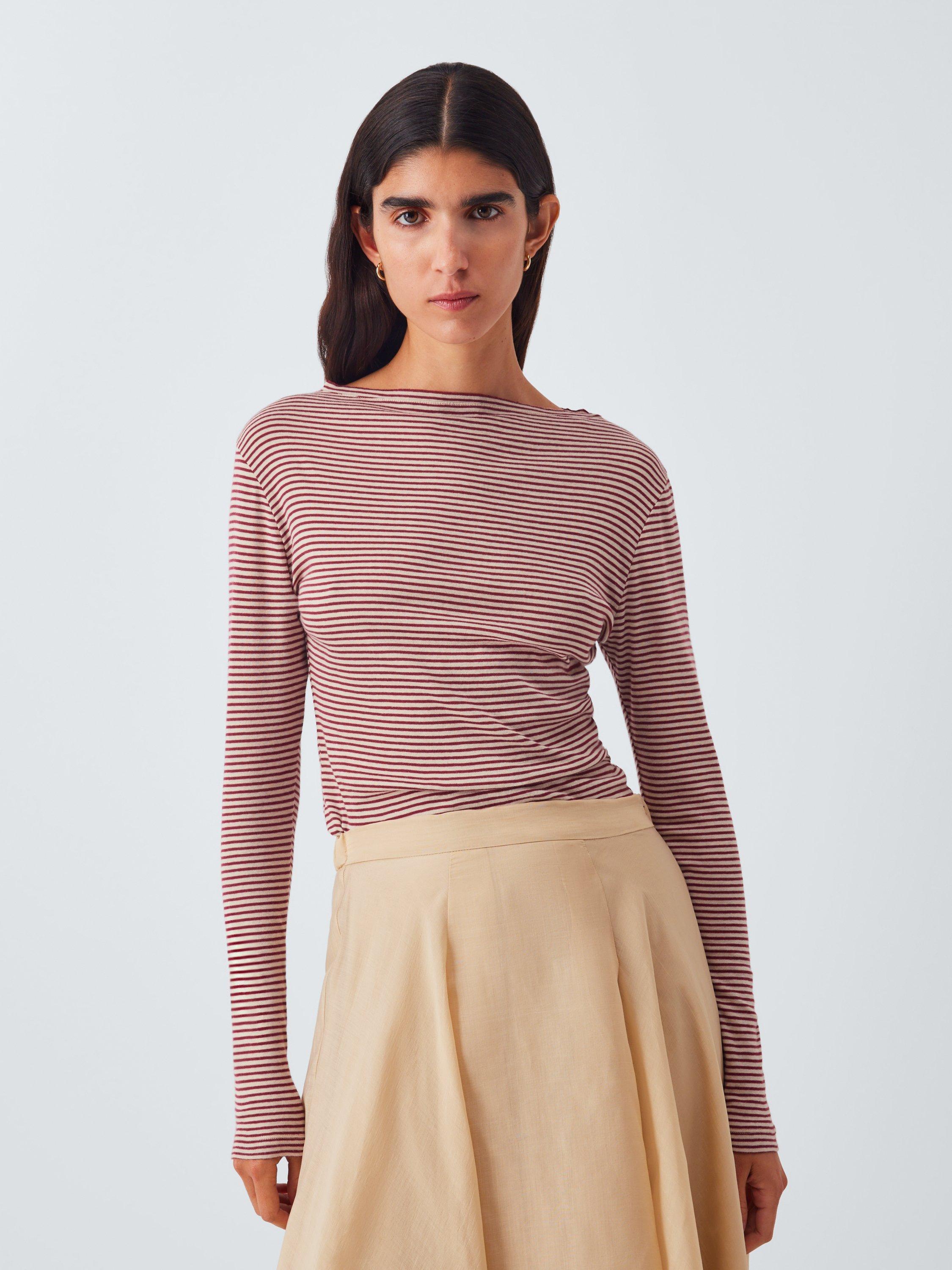 Product image 1 of 6, which shows AND/OR Stripe Long Sleeve Jersey Top, Red Stripe, 6