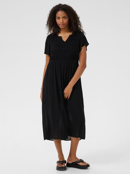 KAFFE Valery Amber Smock Bodice Midi Dress, Deep Black, Deep Black