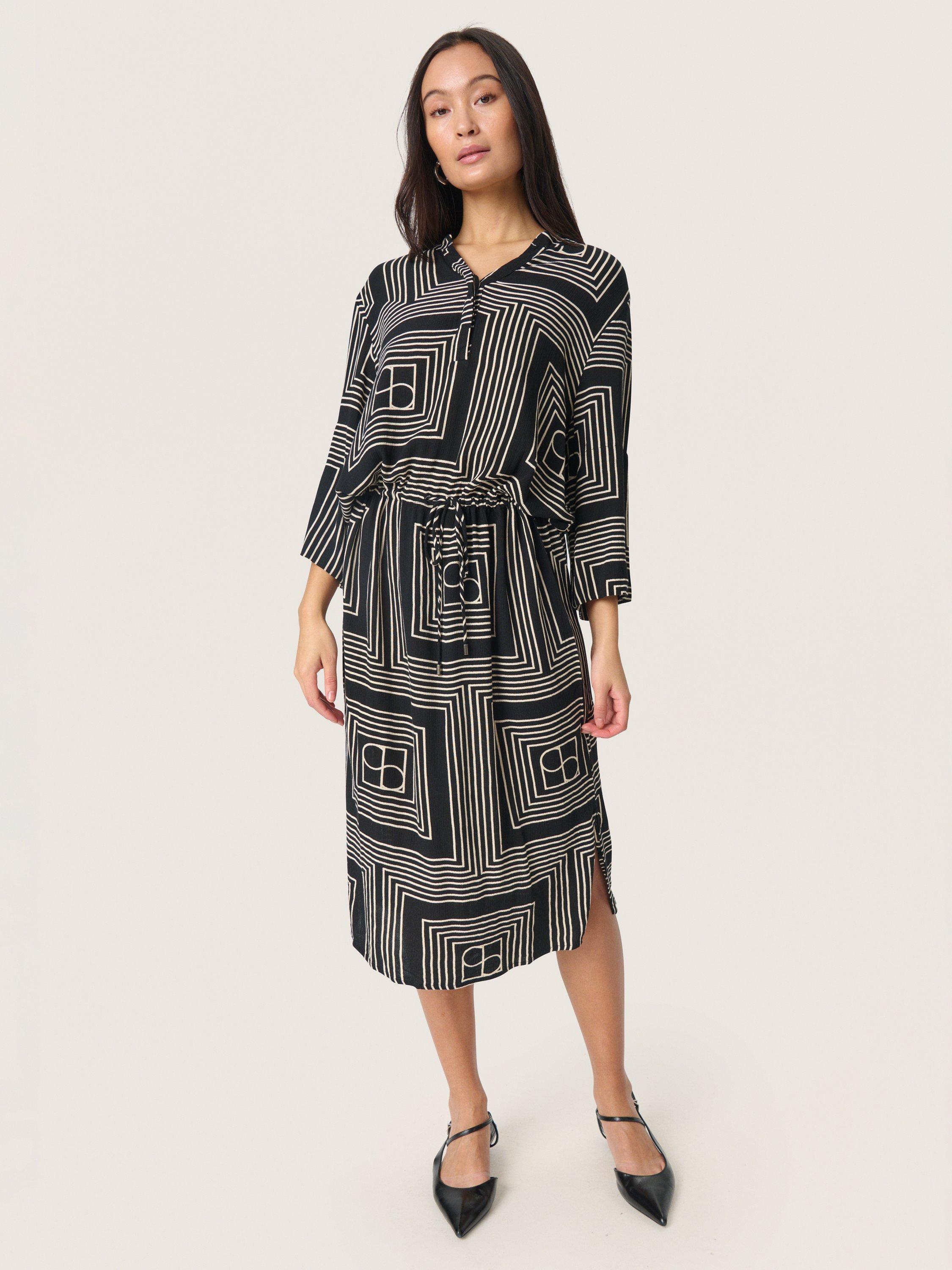 Product image 1 of 5, which shows Soaked In Luxury Zaya Abstract Print Midi Dress, Black/Multi, XS