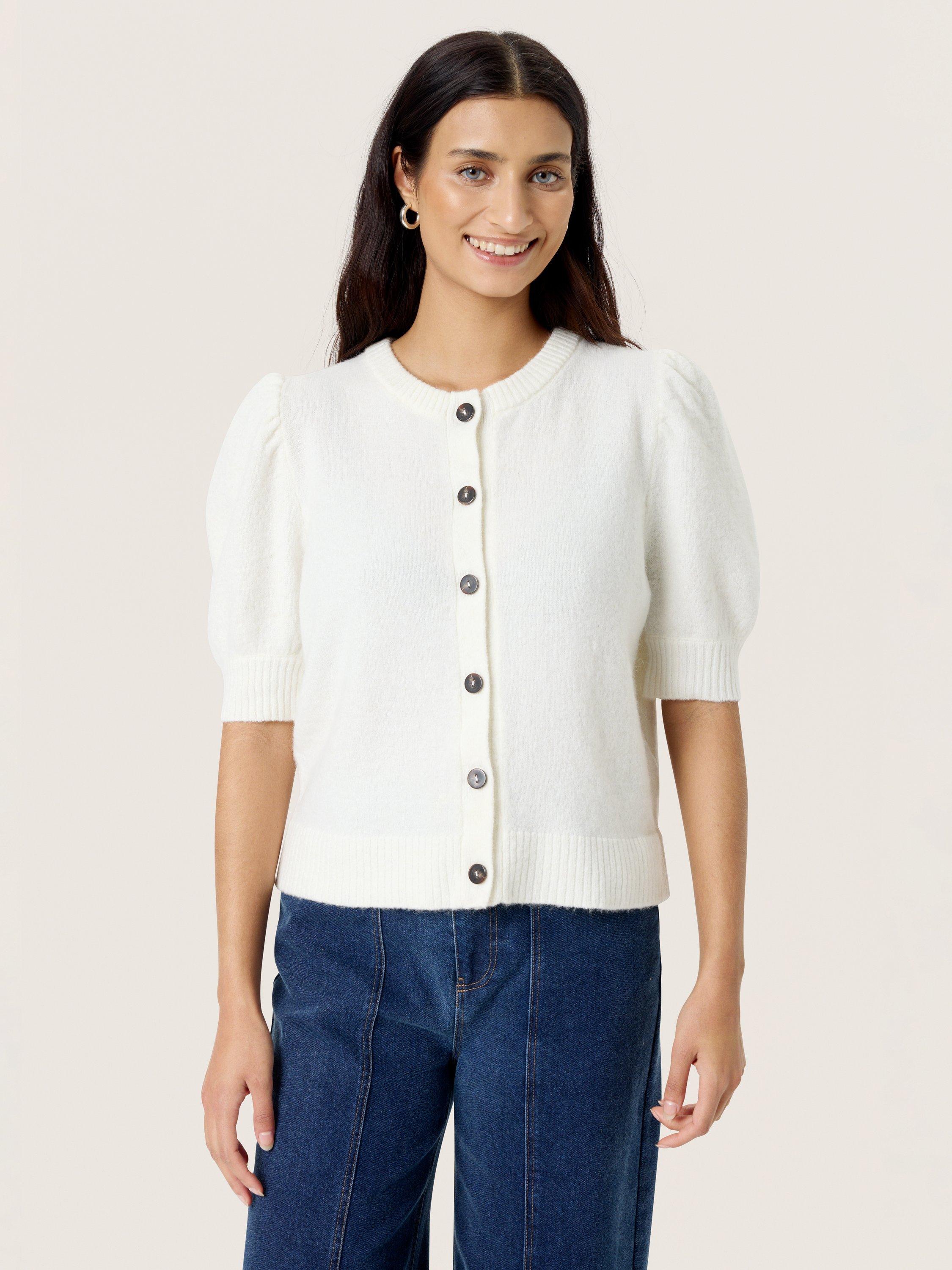 Product image 1 of 6, which shows Soaked In Luxury Amani Short Puff Sleeve Cardigan, Broken White, XS