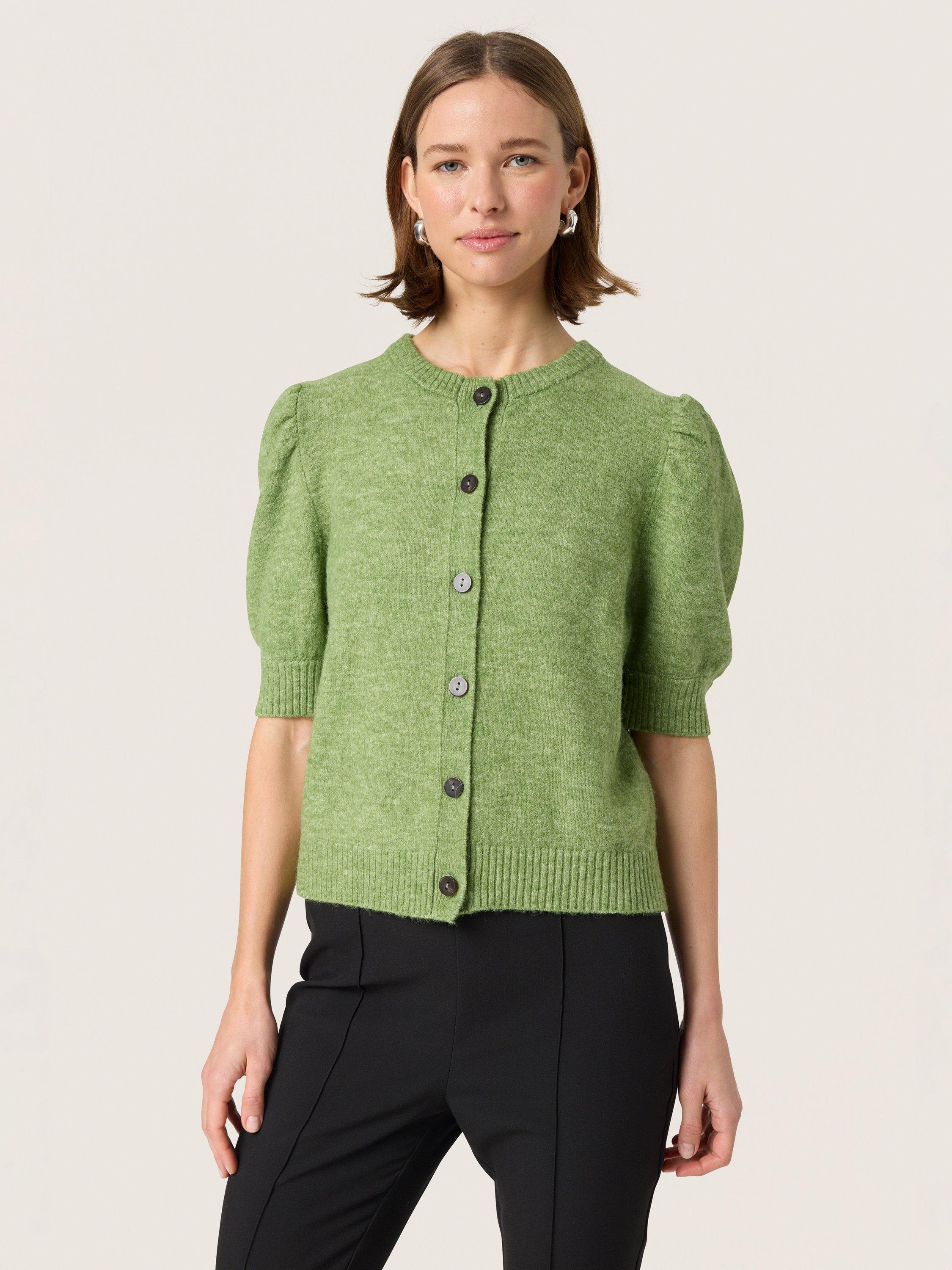 Product image 1 of 6, which shows Soaked In Luxury Amani Short Puff Sleeve Cardigan, Smoke Green Melange, XS