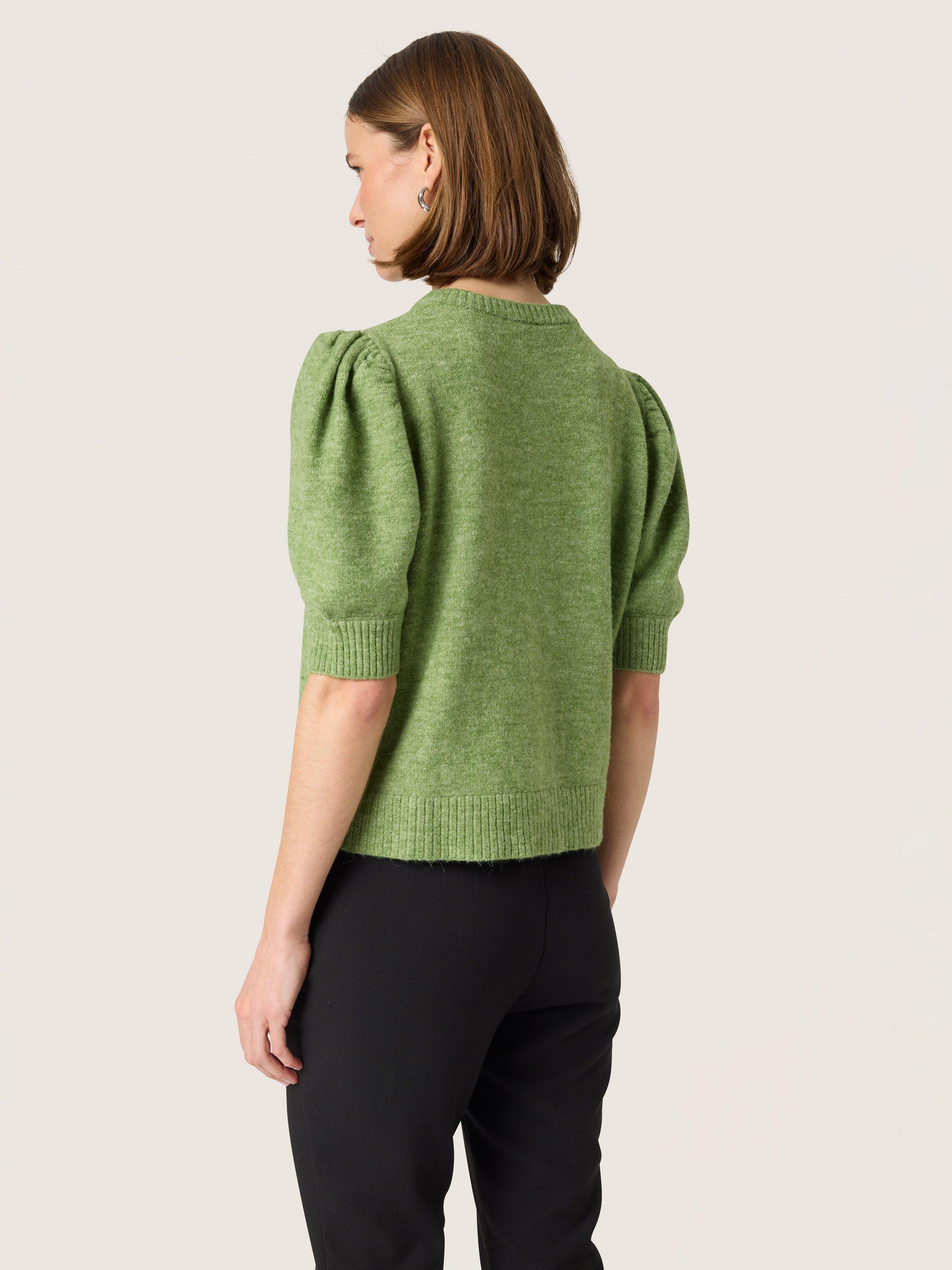 Product image 2 of 6, which shows Soaked In Luxury Amani Short Puff Sleeve Cardigan, Smoke Green Melange, XS